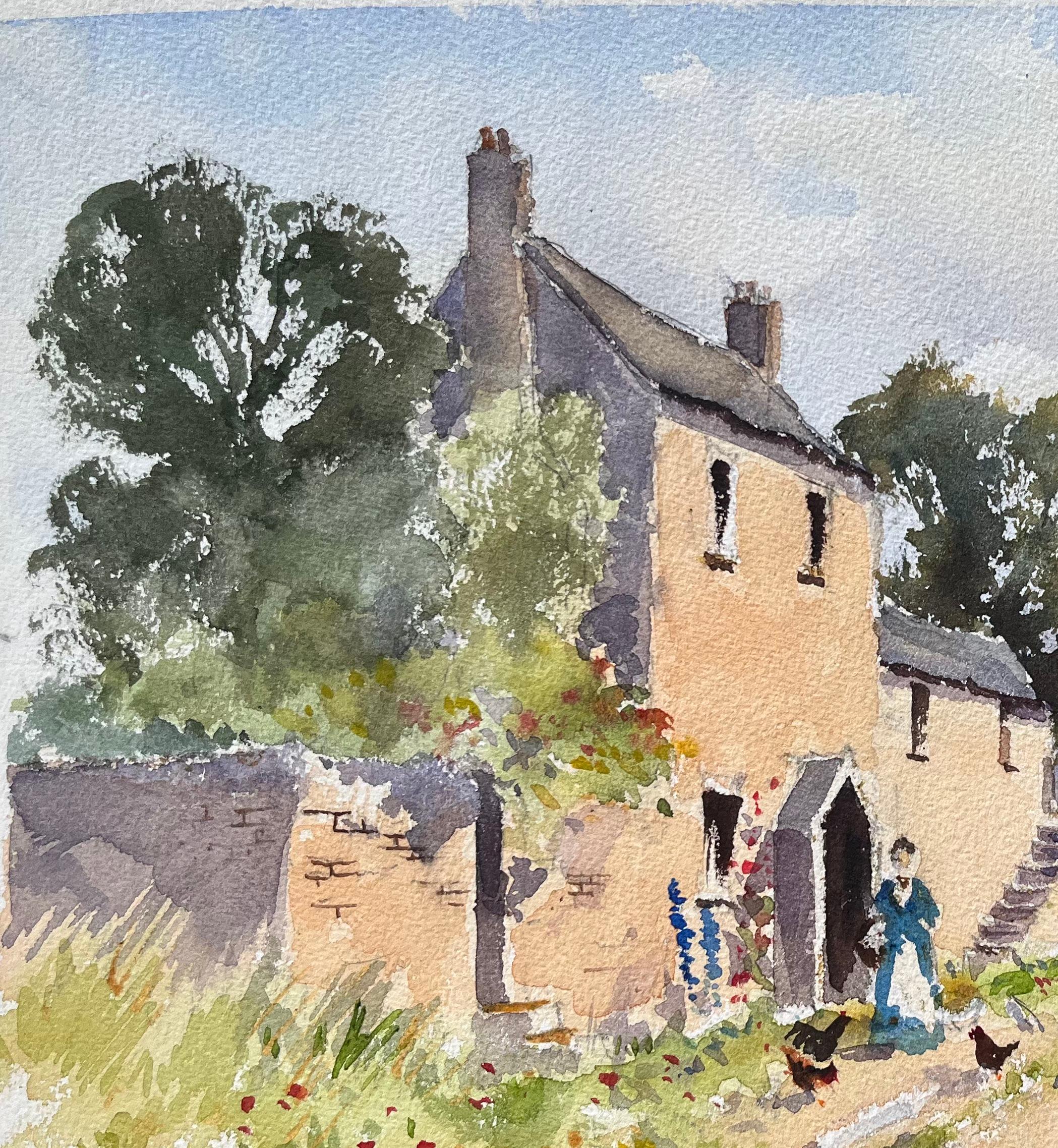 Britischer Impressionist Aquarell eines Bauernhauses mit einer Figur, die Hühner füttert im Angebot 1