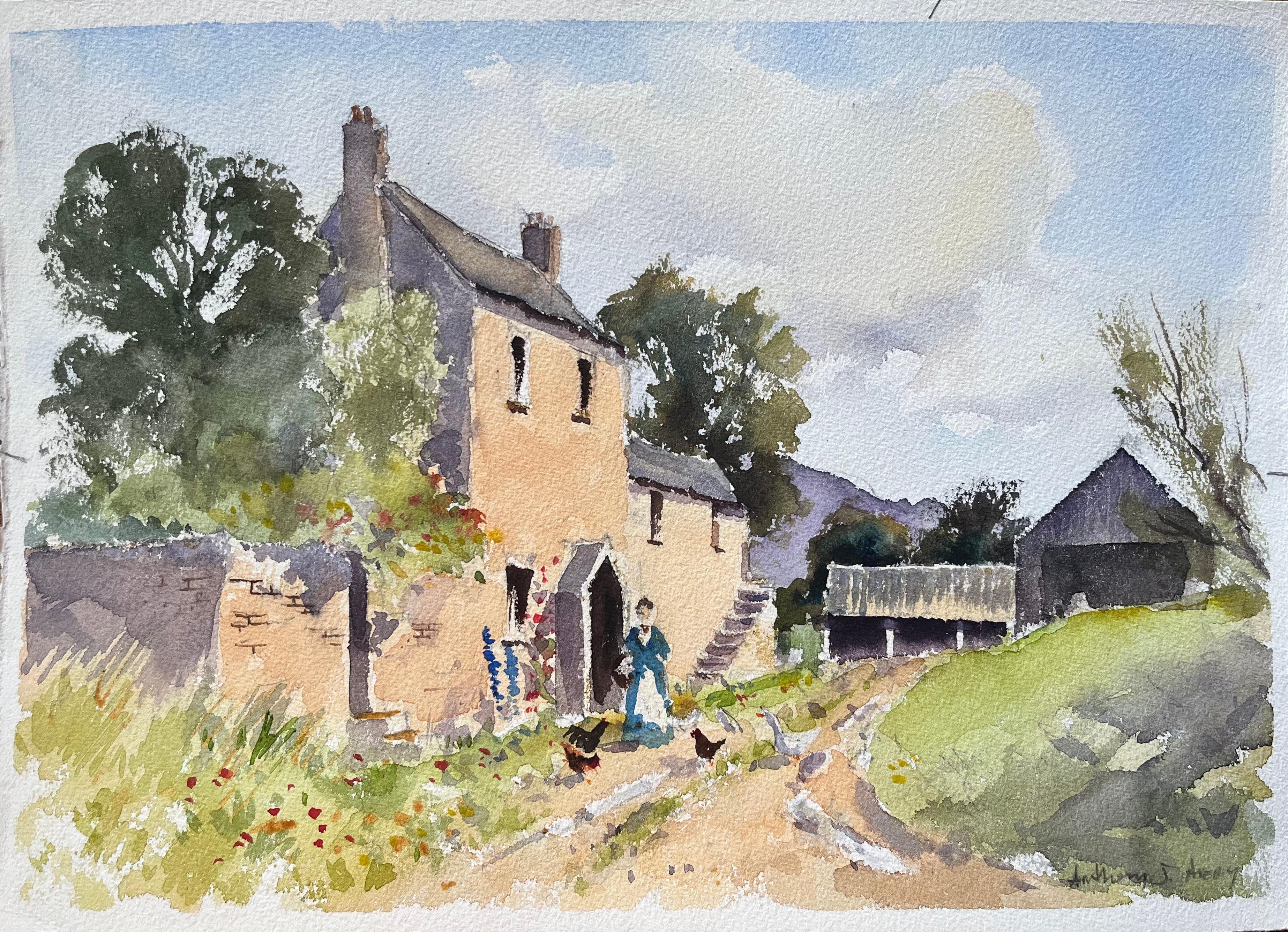 Britischer Impressionist Aquarell eines Bauernhauses mit einer Figur, die Hühner füttert
