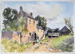 Britischer Impressionist Aquarell eines Bauernhauses mit einer Figur, die Hühner füttert