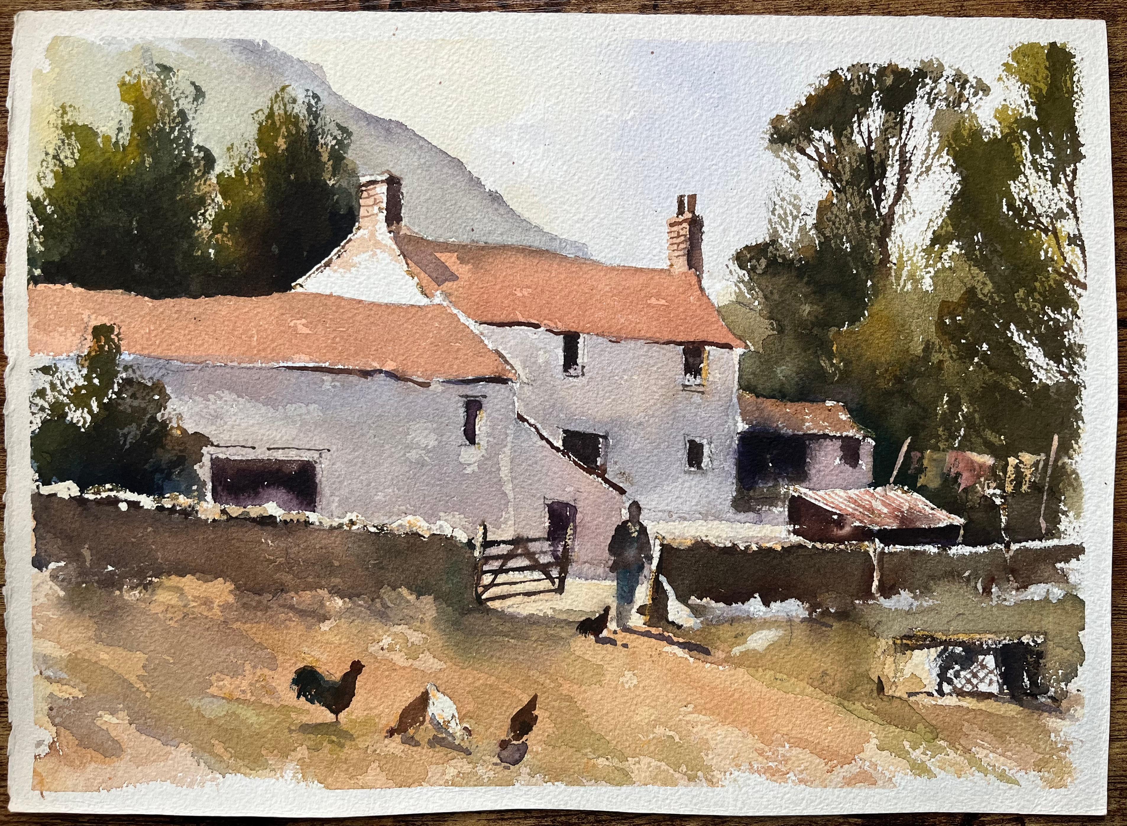 Acuarela impresionista británica de una escena de corral con una figura y gallinas - Painting de Anthony Avery