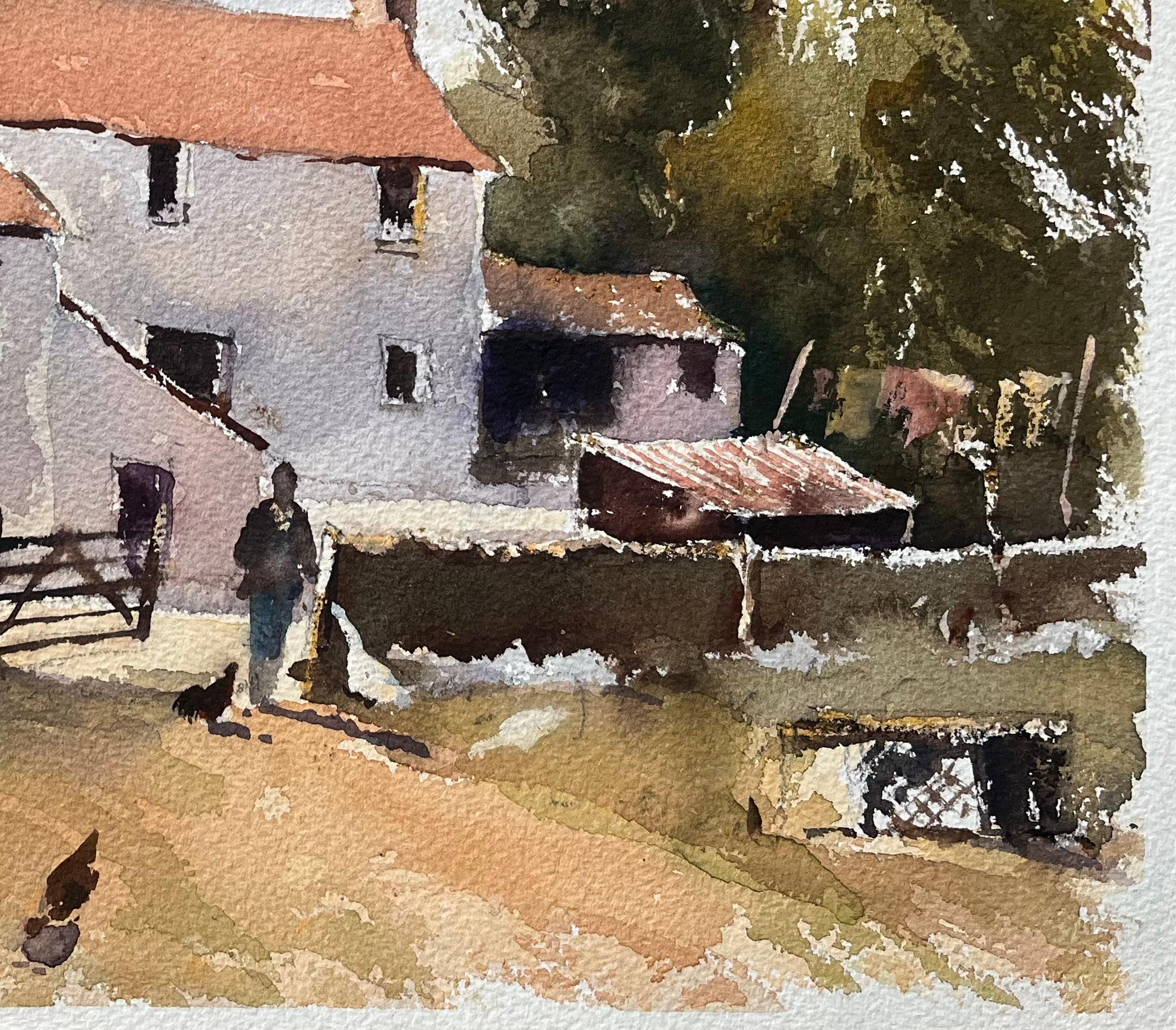 Acuarela impresionista británica de una escena de corral con una figura y gallinas - Painting Impresionista de Anthony Avery
