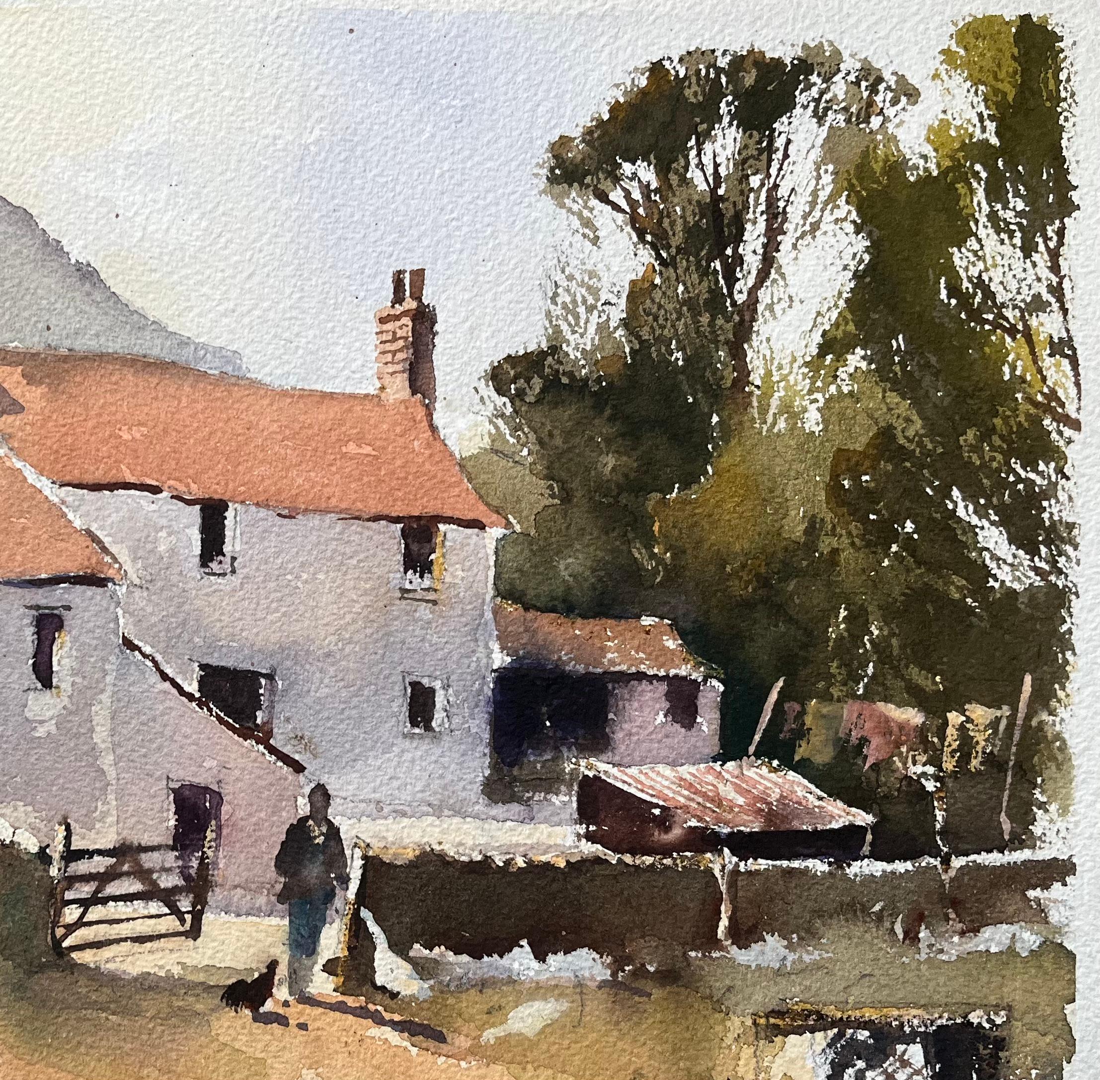 Acuarela impresionista británica de una escena de corral con una figura y gallinas - Landscape Painting Beige de Anthony Avery