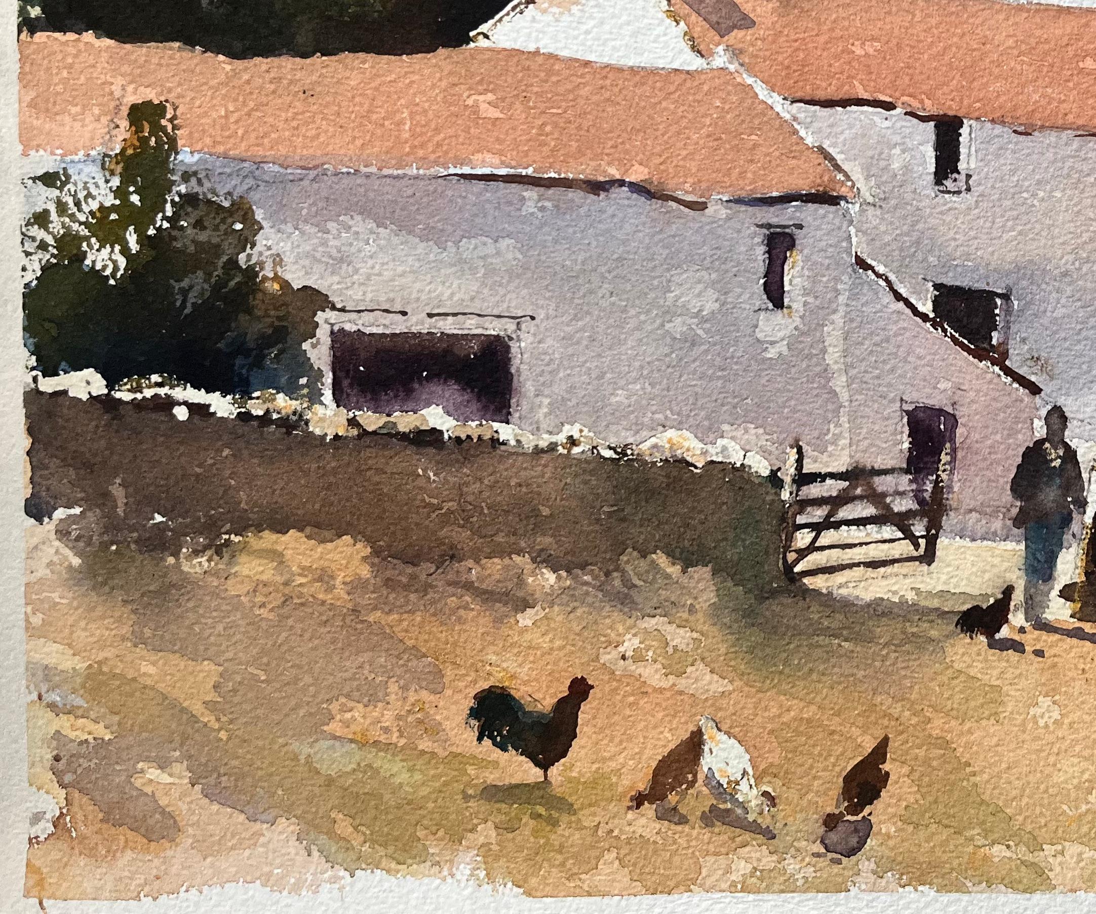 Título: Acuarela impresionista británica de una escena de corral con una figura y gallinas
Por Anthony Avery (británico 1946-2023)
Acuarela original sobre papel de artista, sin enmarcar
Dimensiones: 11 x 15,25 pulgadas (Alto x Ancho)
Estado: Bueno,