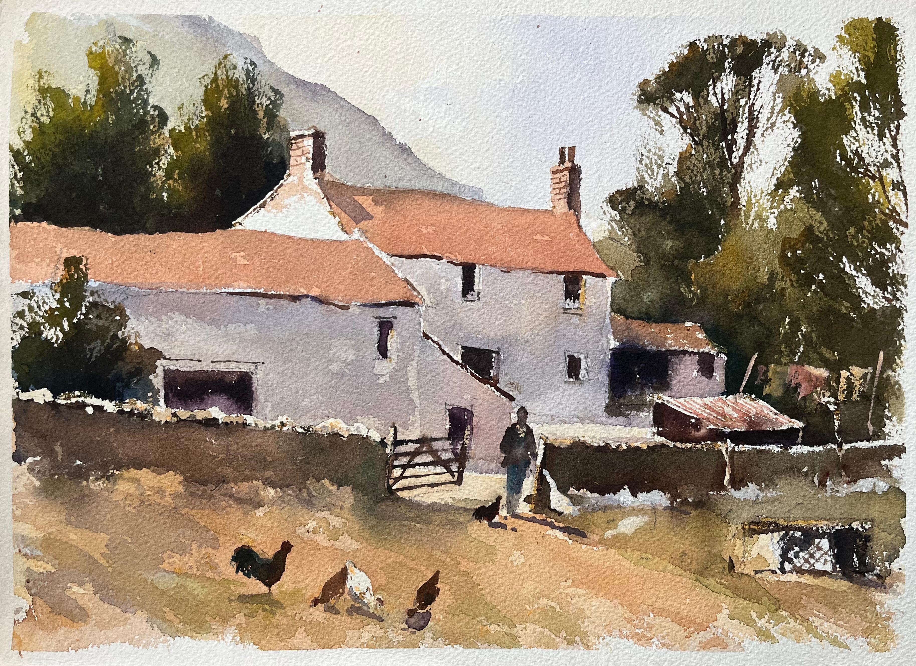 Landscape Painting de Anthony Avery - Acuarela impresionista británica de una escena de corral con una figura y gallinas