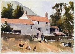 British Impressionist Watercolor of a Farmyard Scene with a Figure and Chickens