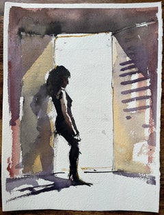 Aquarelle impressionniste britannique d'une Silhouette féminine dans l'embrasure d'une porte éclairée par le soleil