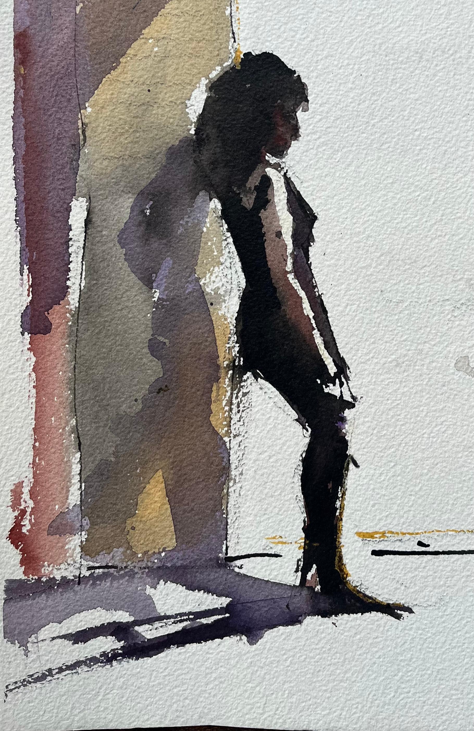 British Impressionist Watercolor of a Female Silhouette in Sunlit Doorway - Gray Landscape Painting by Anthony Avery