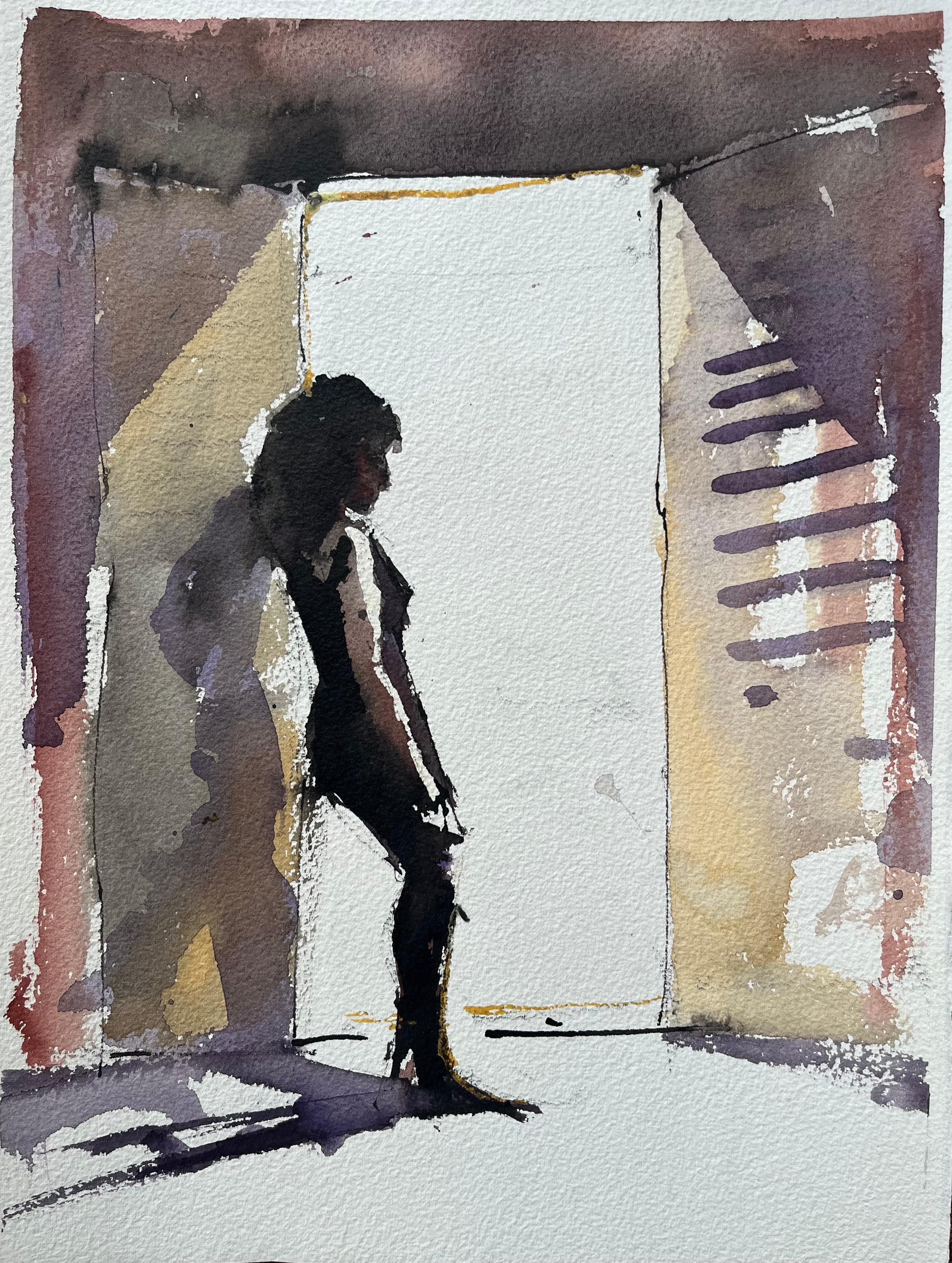 Anthony Avery Landscape Painting - British Impressionist Watercolor of a Female Silhouette in Sunlit Doorway