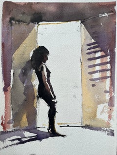 Britischer Impressionist Aquarell einer weiblichen Silhouette in sonnenbeschienener Türöffnung