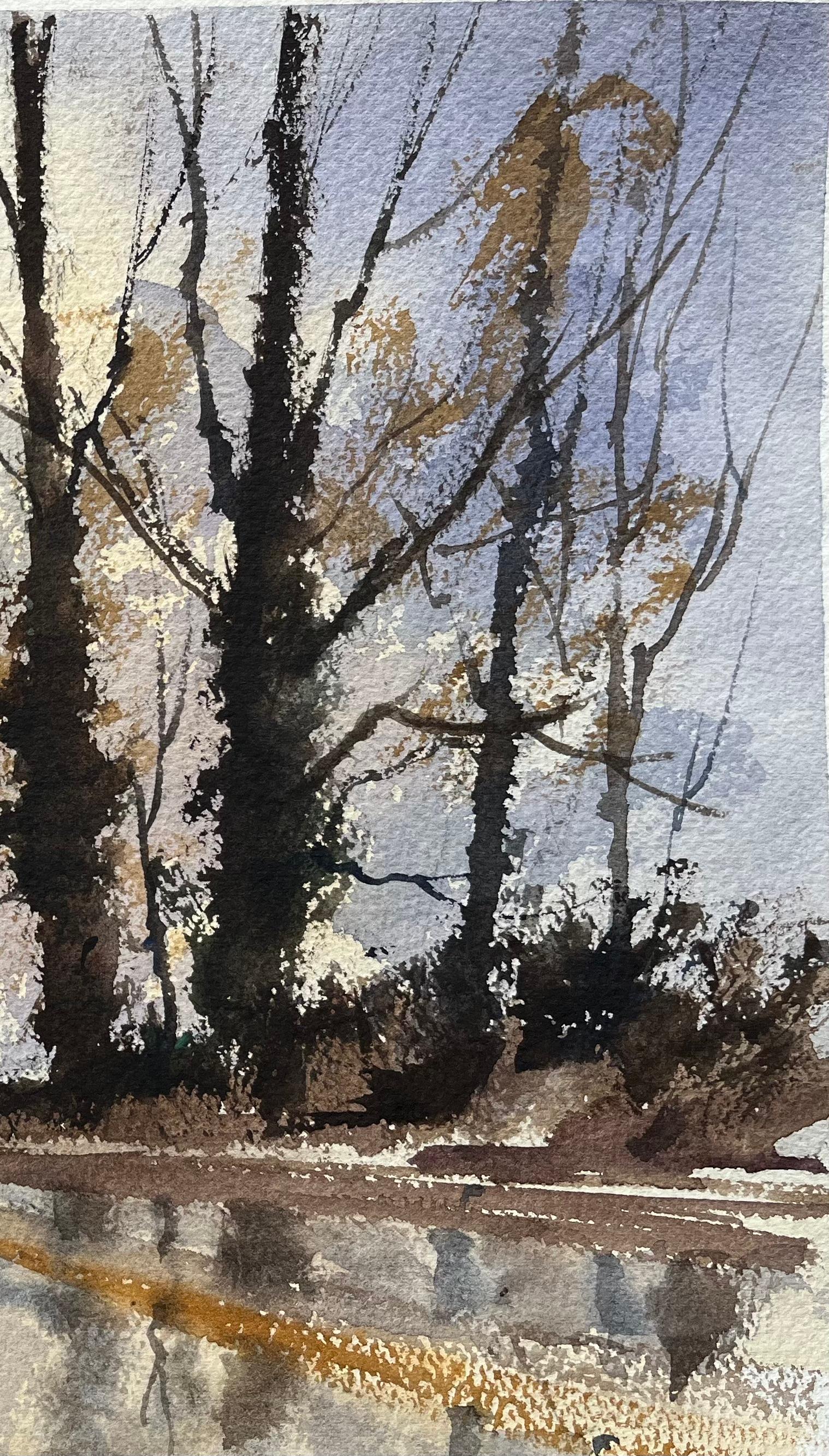 Acquerello impressionista britannico di figure su una strada di campagna al tramonto - Painting di Anthony Avery