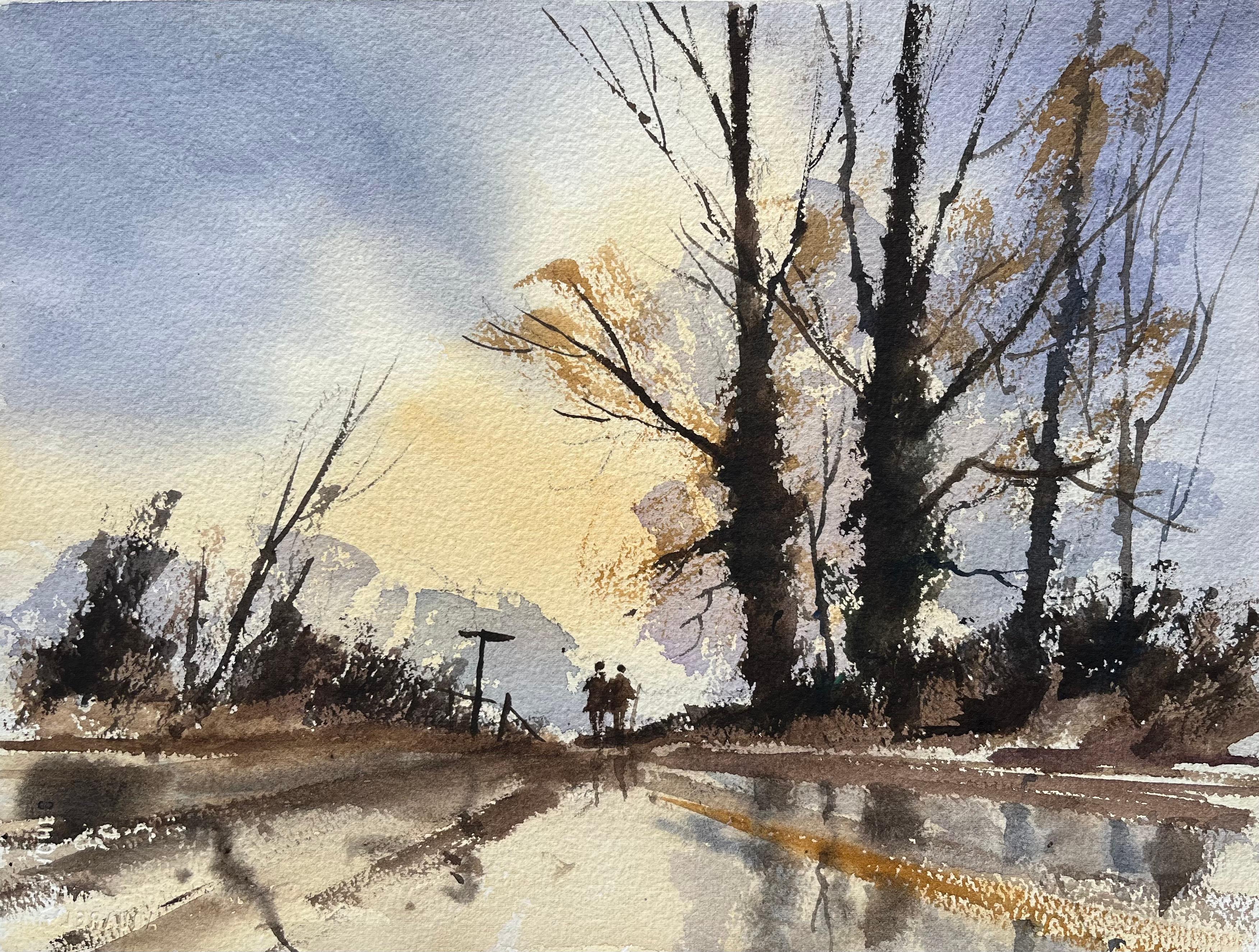 Landscape Painting di Anthony Avery - Acquerello impressionista britannico di figure su una strada di campagna al tramonto