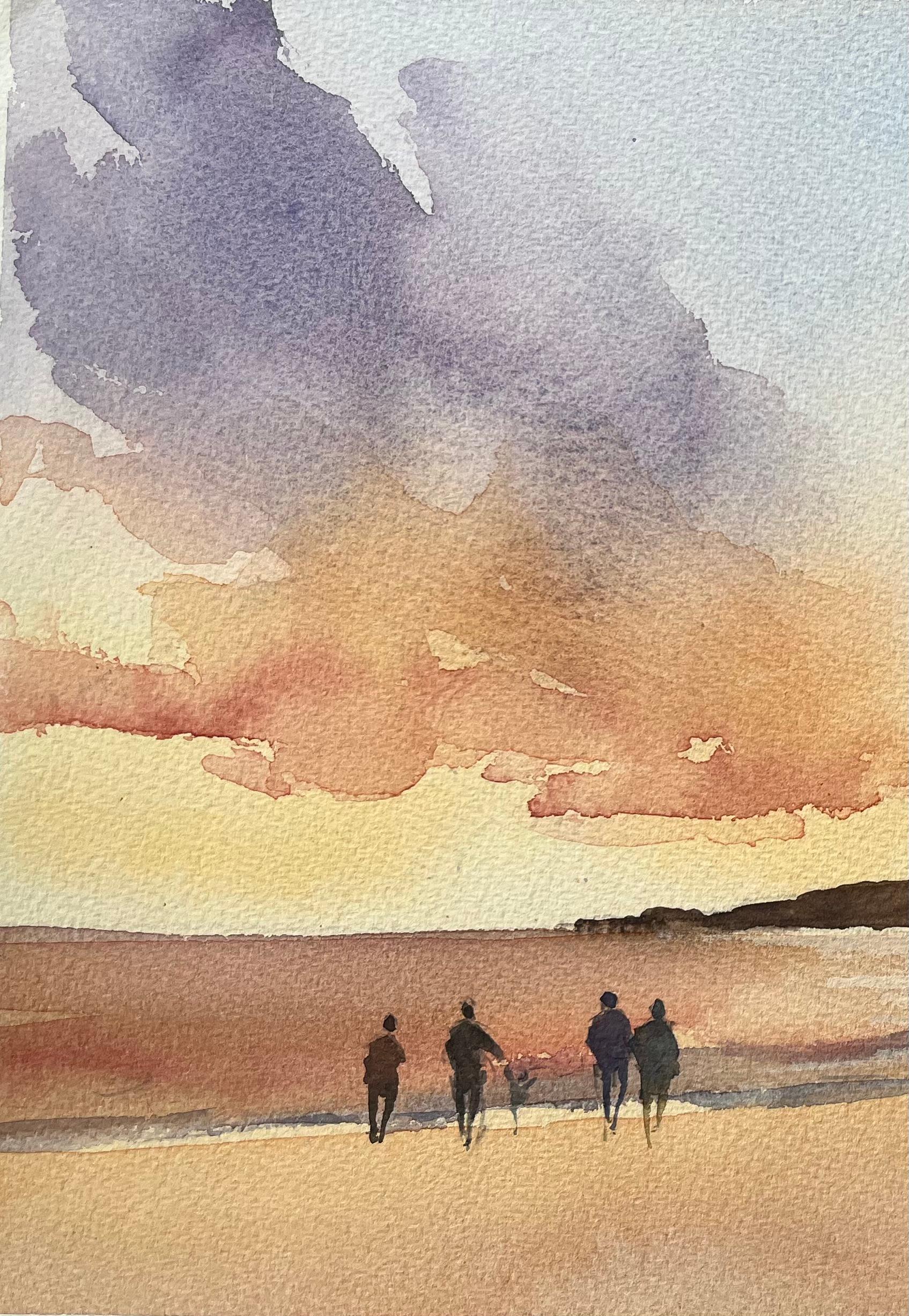 Acquerello impressionista britannico raffigurante una figura sulla spiaggia al tramonto - Painting Impressionismo di Anthony Avery
