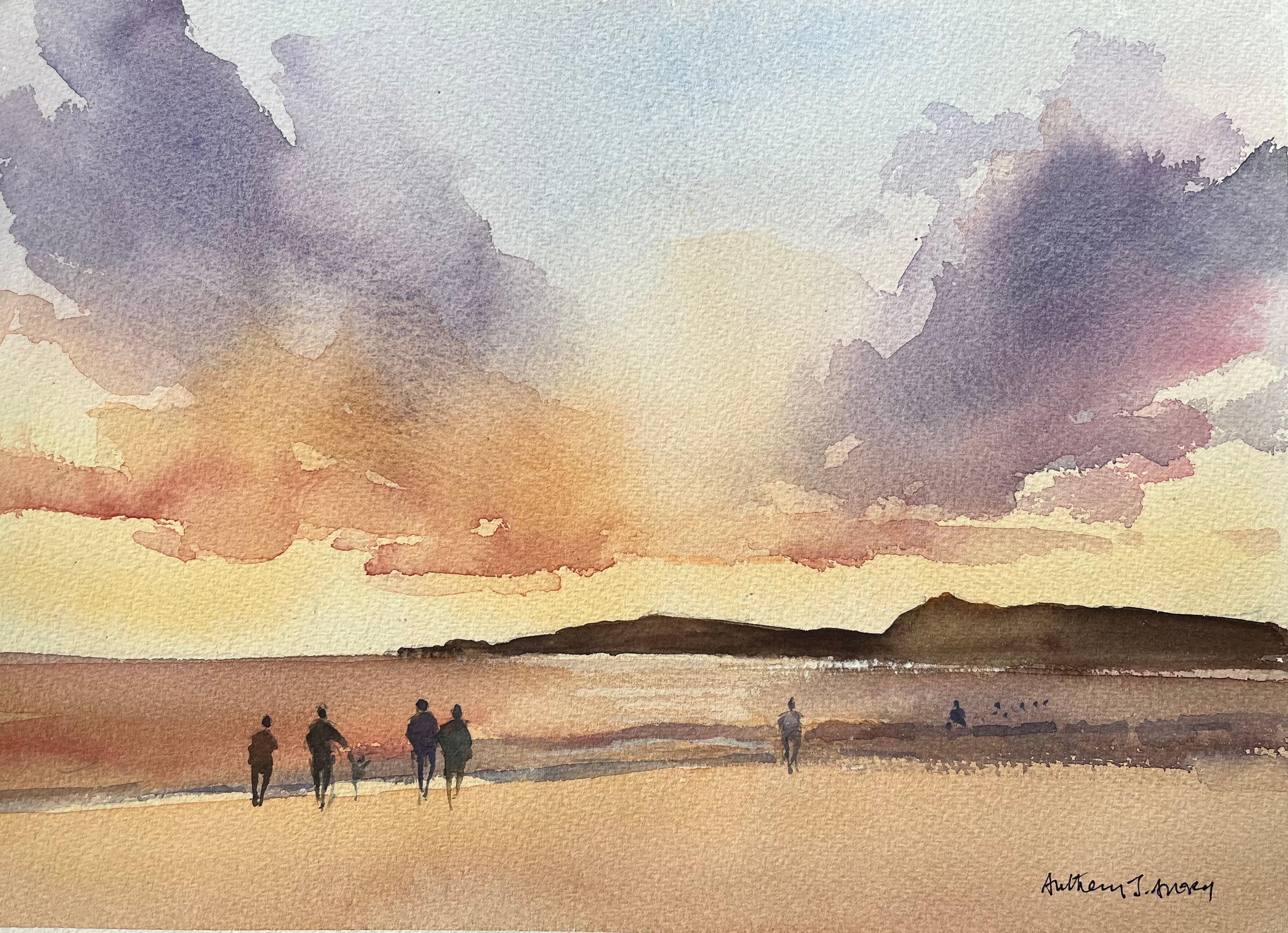 Landscape Painting di Anthony Avery - Acquerello impressionista britannico raffigurante una figura sulla spiaggia al tramonto