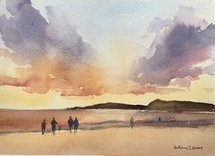 Britischer Impressionist Aquarell einer Figuren am Ufer bei Sonnenuntergang