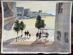 British Impressionist Watercolor of a Figures Taking a Riverside Walk at Sunset
