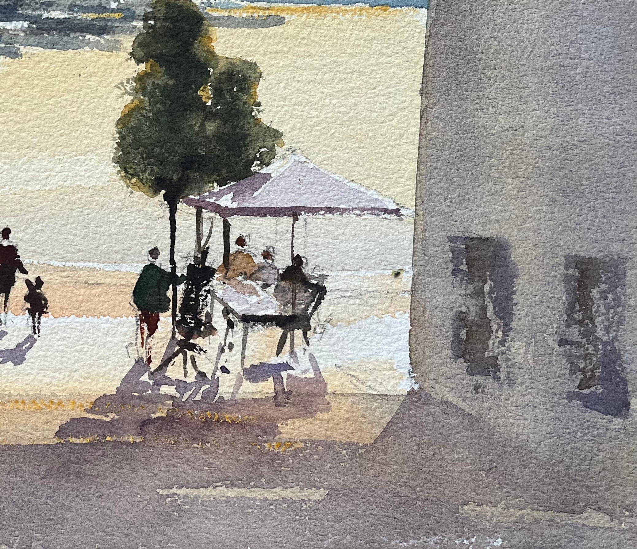 Acquerello impressionista britannico raffigurante una figura che fa una passeggiata lungo il fiume al tramonto - Painting Impressionismo di Anthony Avery