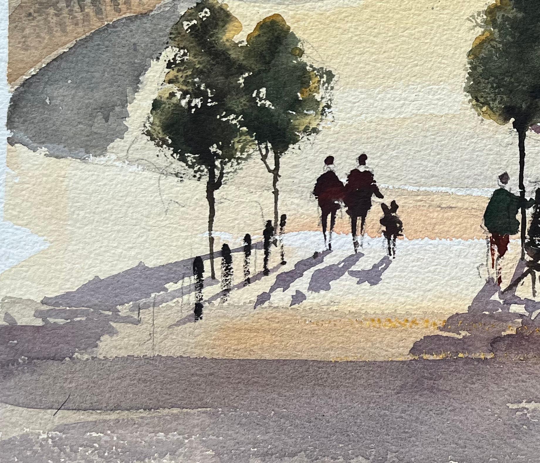 Acquerello impressionista britannico raffigurante una figura che fa una passeggiata lungo il fiume al tramonto - Landscape Painting Grigio di Anthony Avery