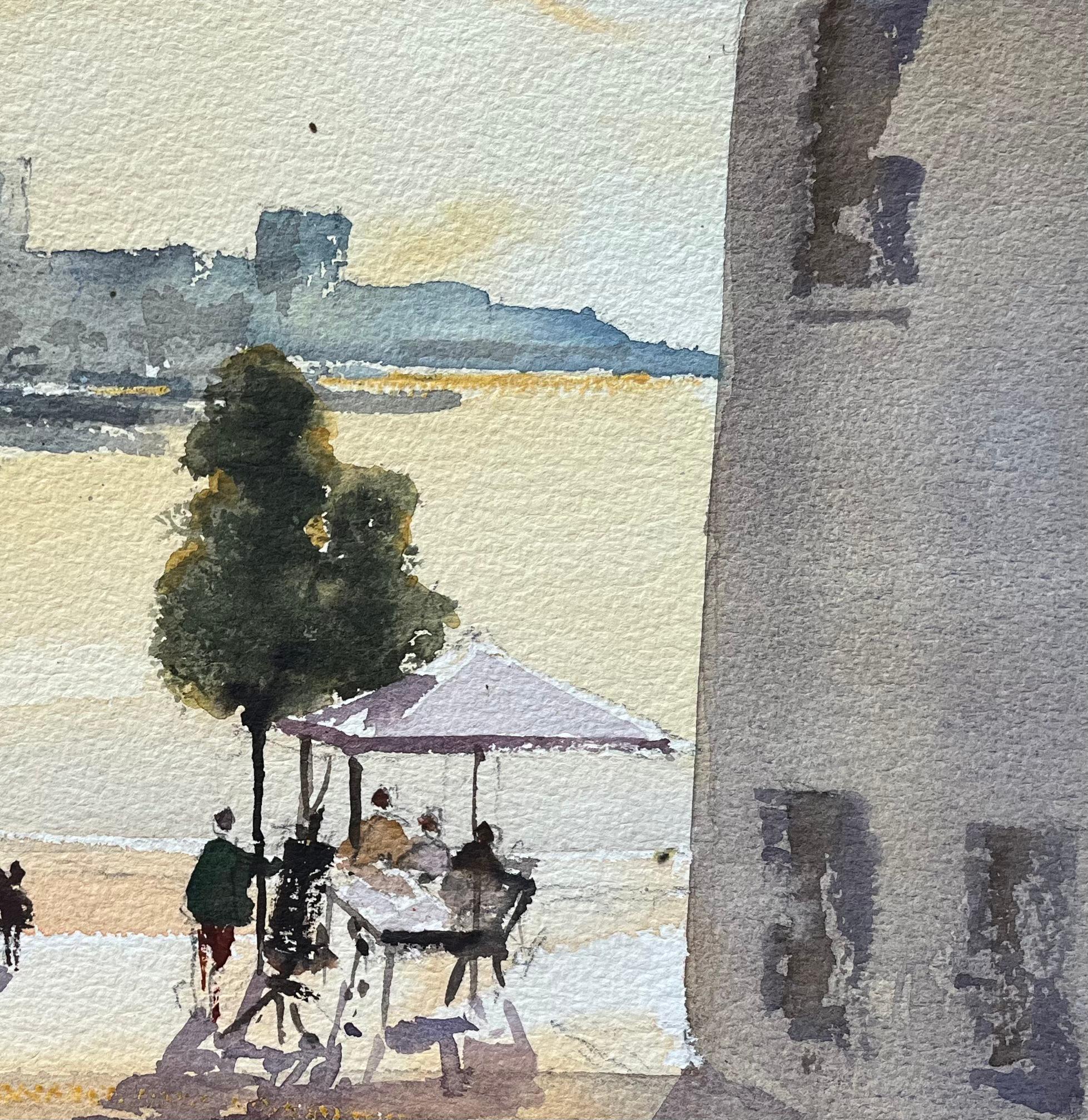 Acquerello impressionista britannico raffigurante una figura che fa una passeggiata lungo il fiume al tramonto in vendita 1