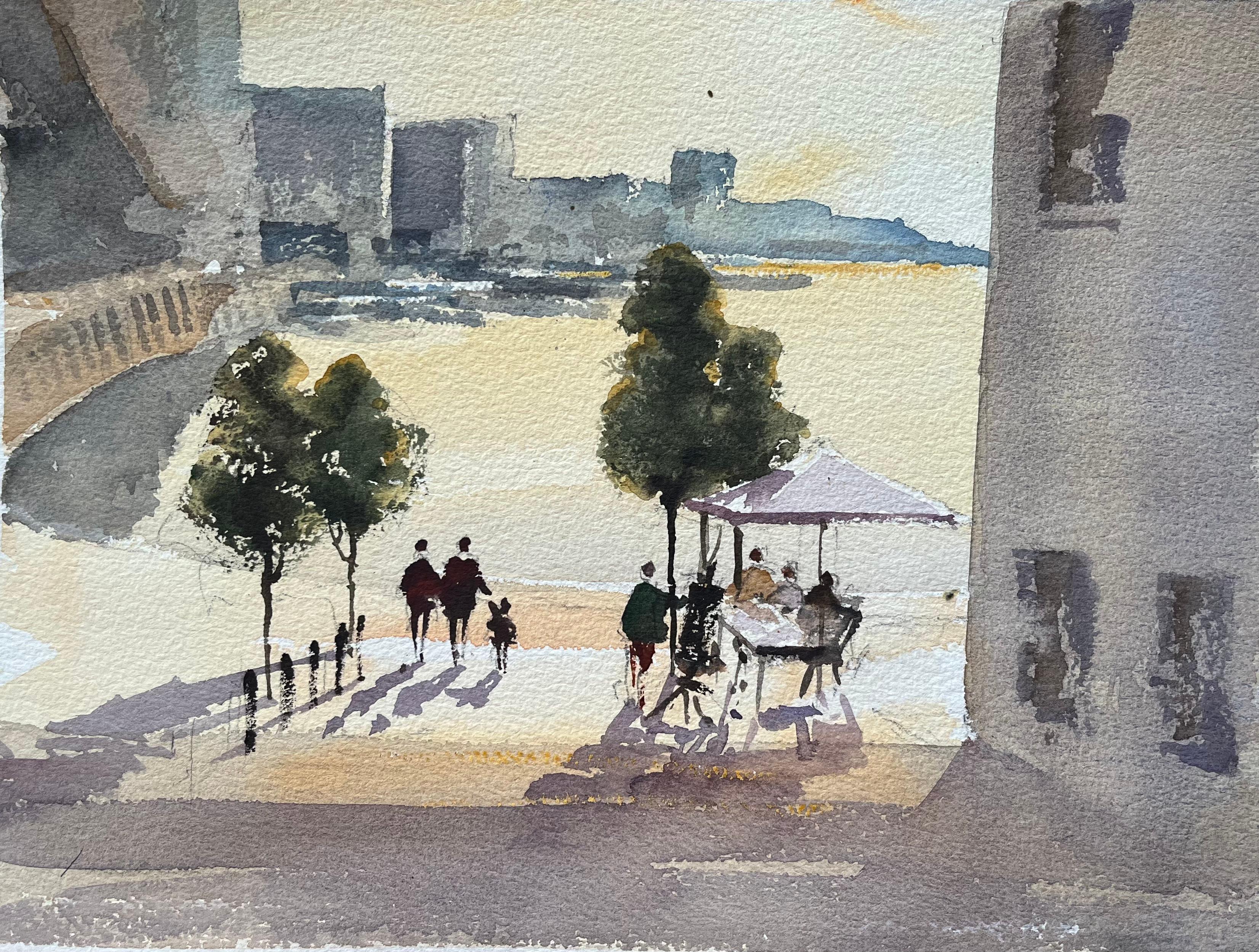 Landscape Painting di Anthony Avery - Acquerello impressionista britannico raffigurante una figura che fa una passeggiata lungo il fiume al tramonto