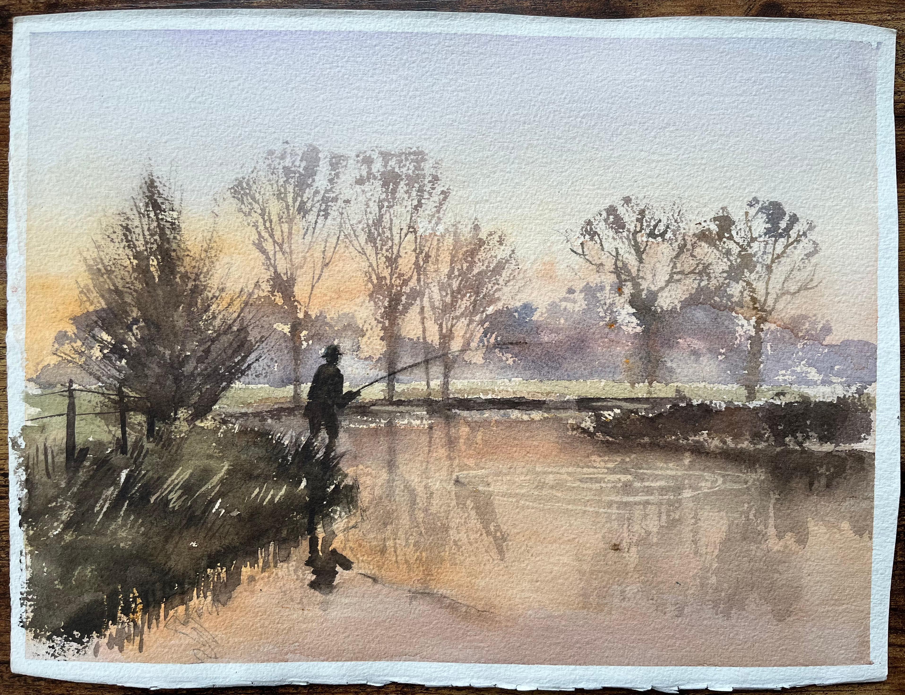 British Impressionist Watercolor of a Fisherman at Sunrise - Painting by Anthony Avery