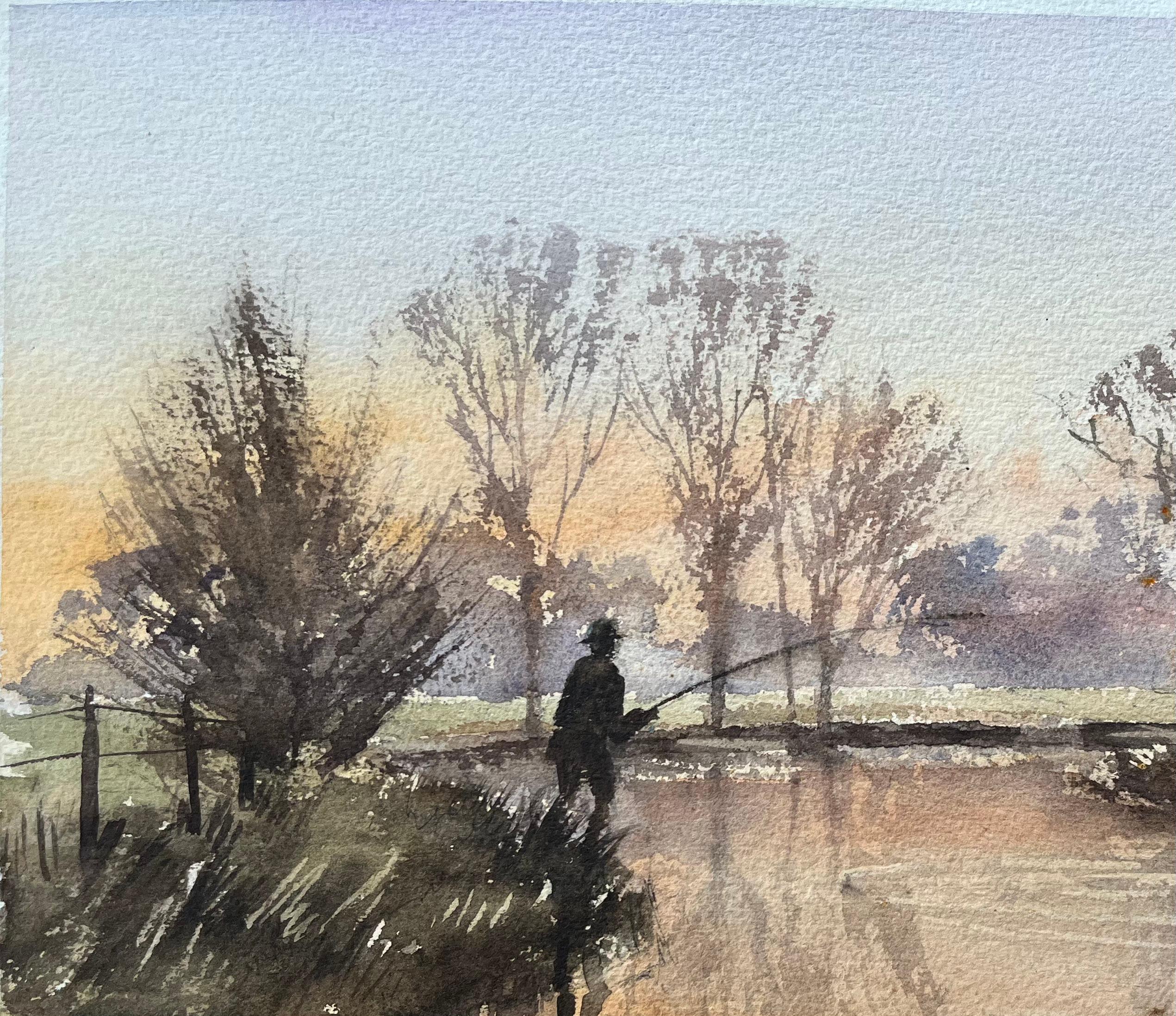 British Impressionist Watercolor of a Fisherman at Sunrise - Gray Landscape Painting by Anthony Avery