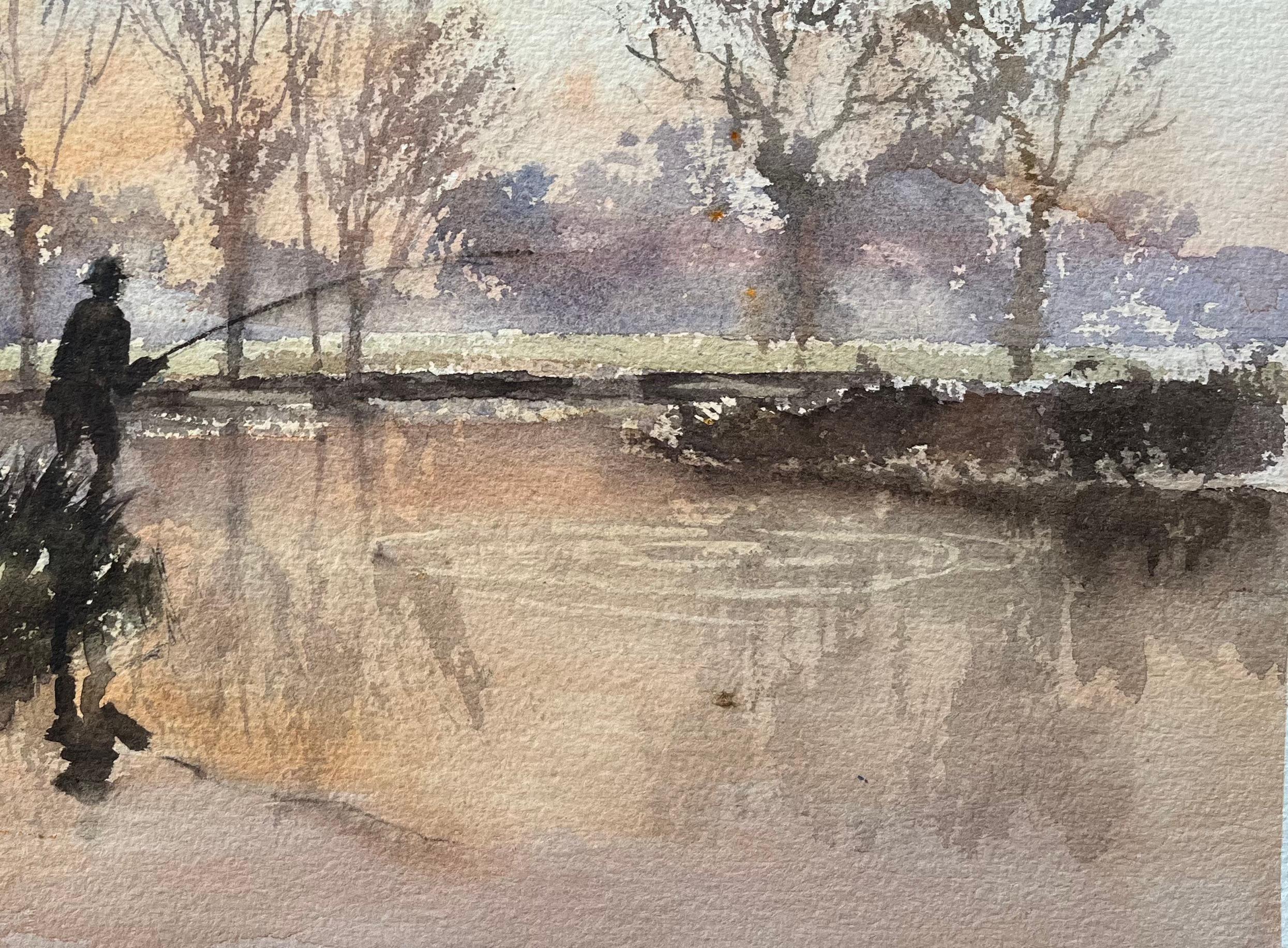 Title: British Impressionist Watercolor of a Fisherman at Sunrise
By Anthony Avery (British 1946-2023)
Original watercolor on artists paper, unframed
Dimensions: 11.25 x 15 inches (Height x Width)
Condition: Good, with some minor signs of