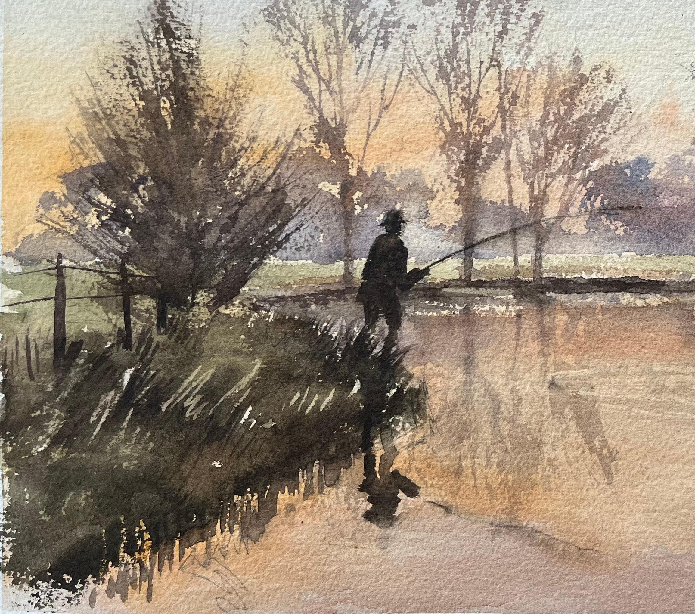British Impressionist Watercolor of a Fisherman at Sunrise For Sale 1