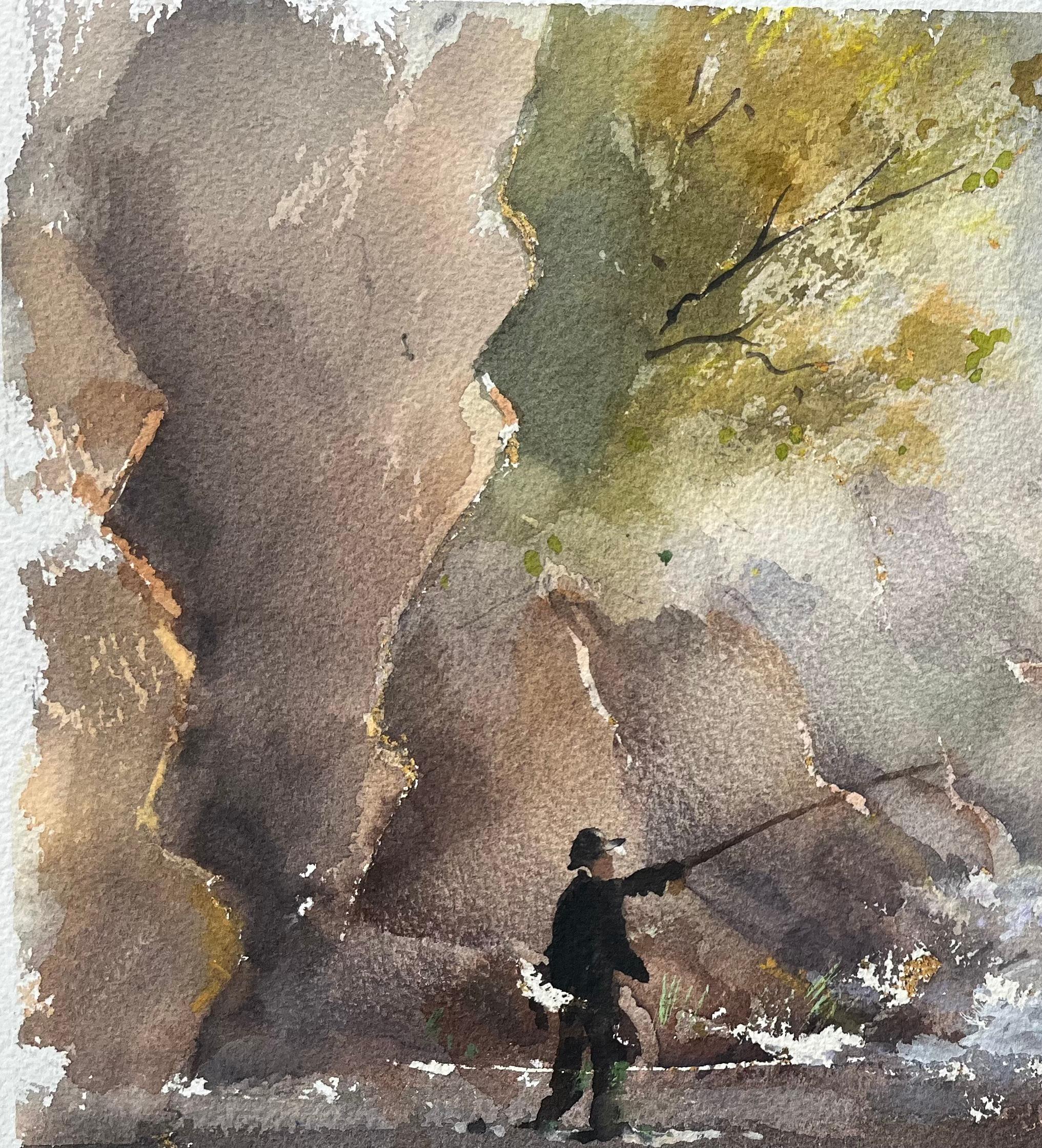 Acquerello impressionista britannico raffigurante un pescatore presso un ruscello a cascata - Painting Impressionismo di Anthony Avery