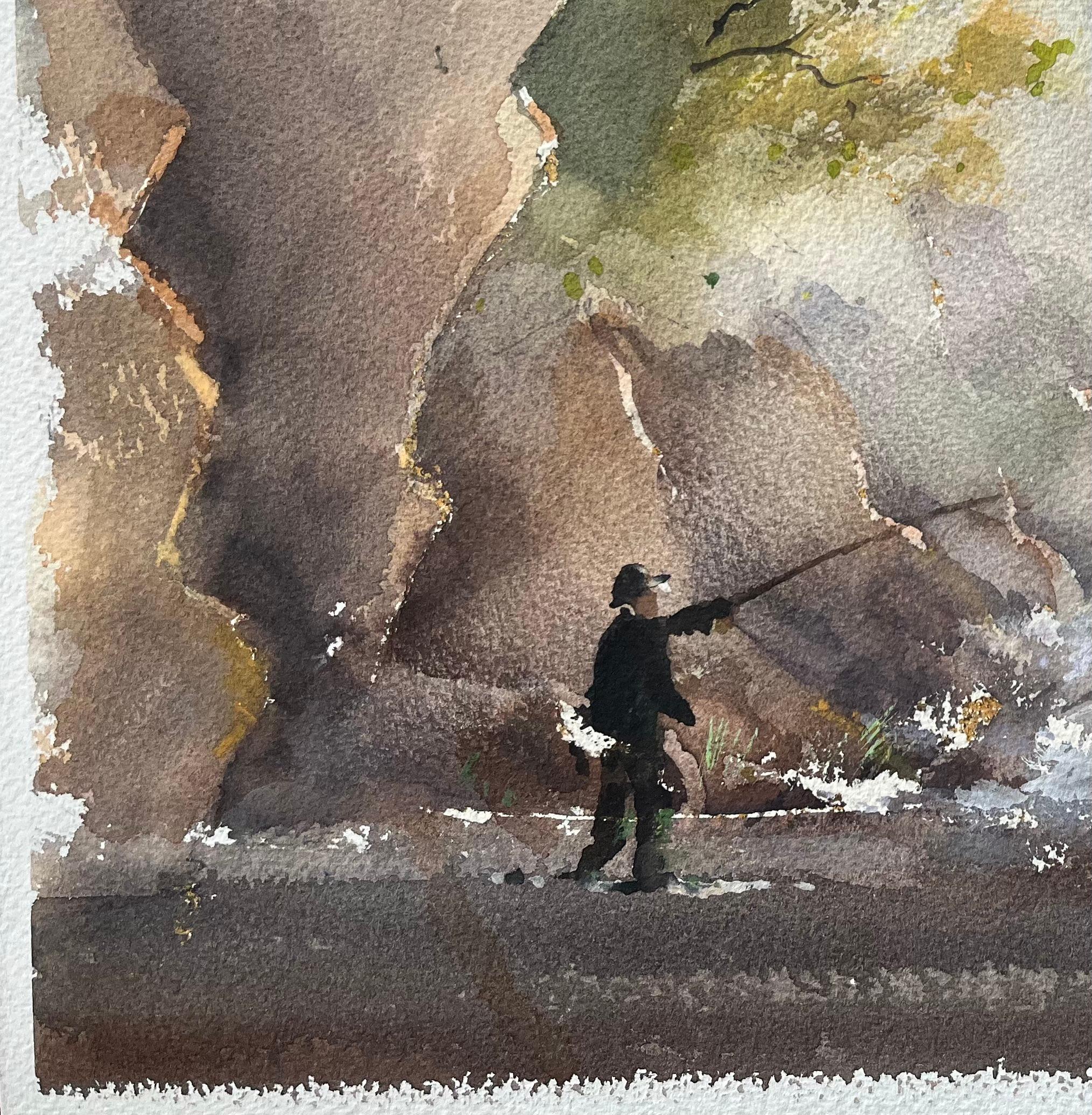 Acquerello impressionista britannico raffigurante un pescatore presso un ruscello a cascata - Landscape Painting Grigio di Anthony Avery