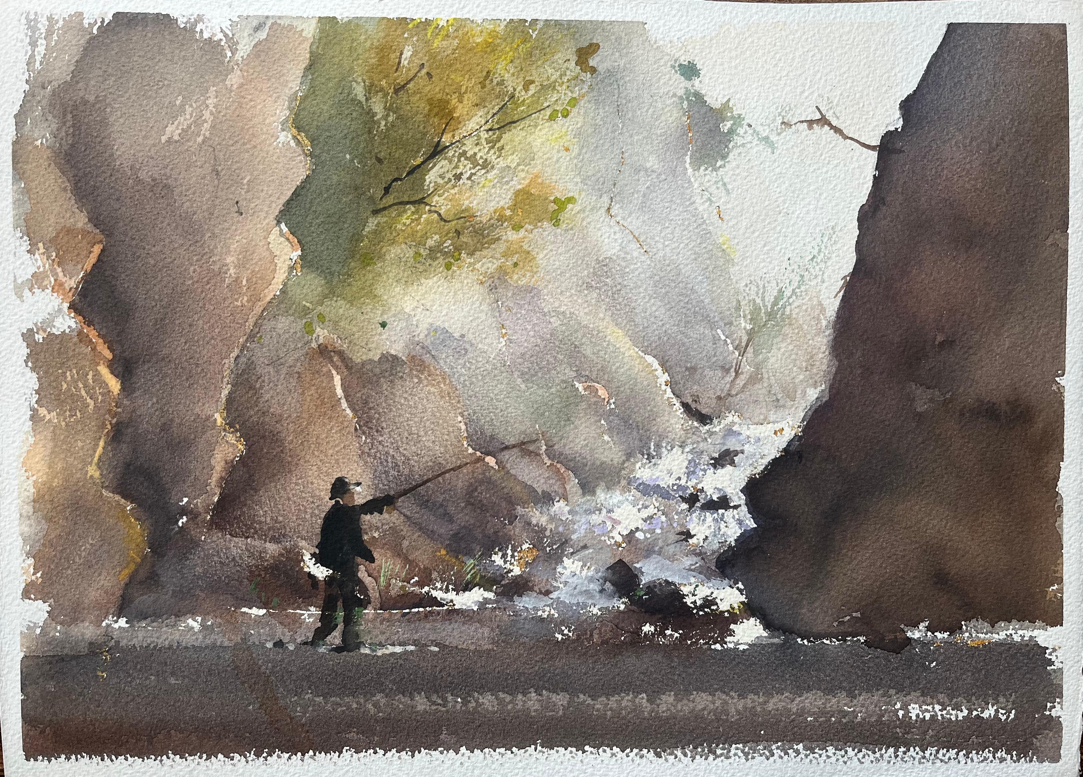 Landscape Painting di Anthony Avery - Acquerello impressionista britannico raffigurante un pescatore presso un ruscello a cascata
