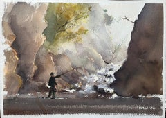British Impressionist Watercolor of a Fisherman by a Cascading Stream