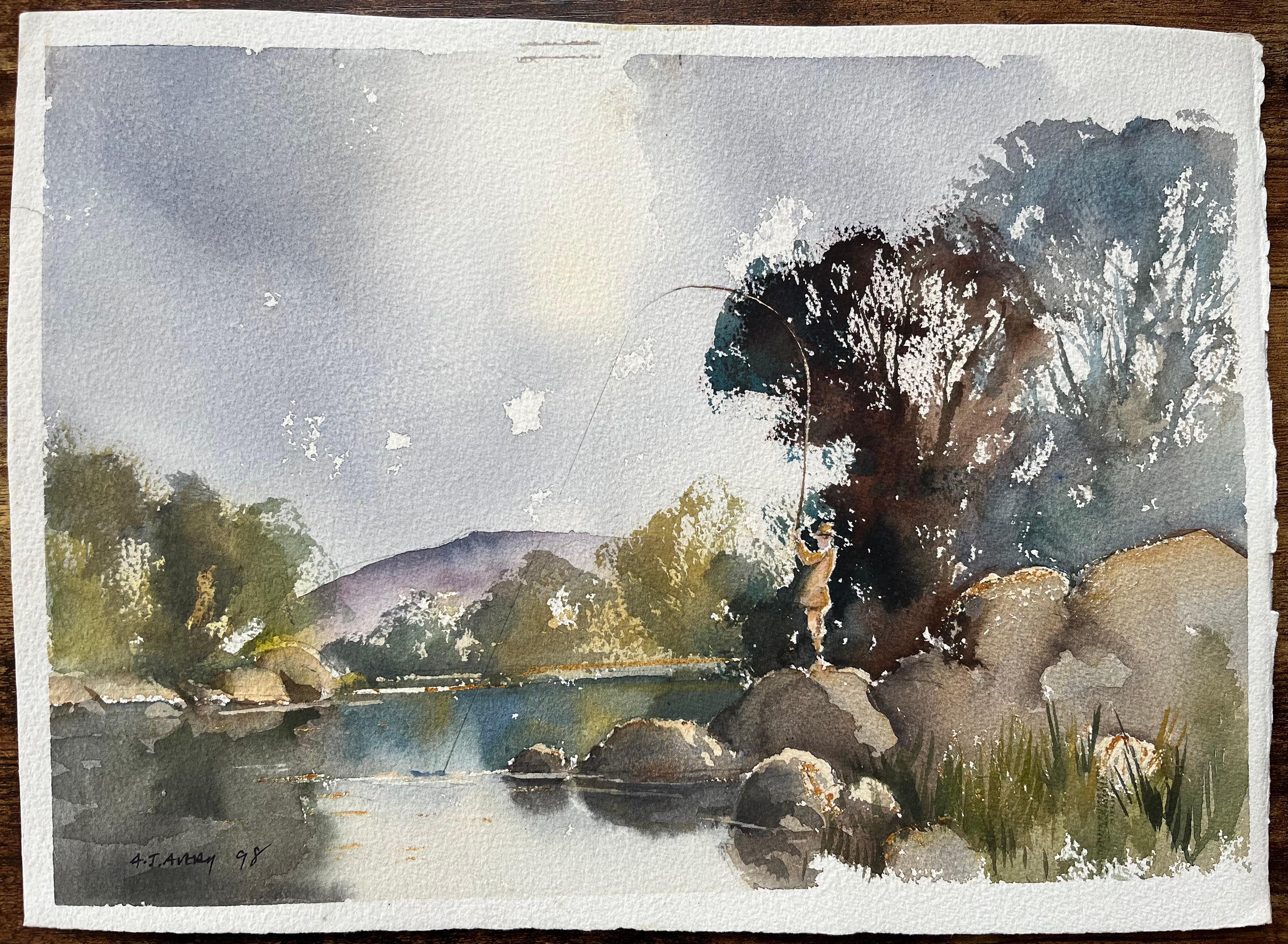 Britisches impressionistisches Aquarell eines Fischers an einem Flussufer – Painting von Anthony Avery