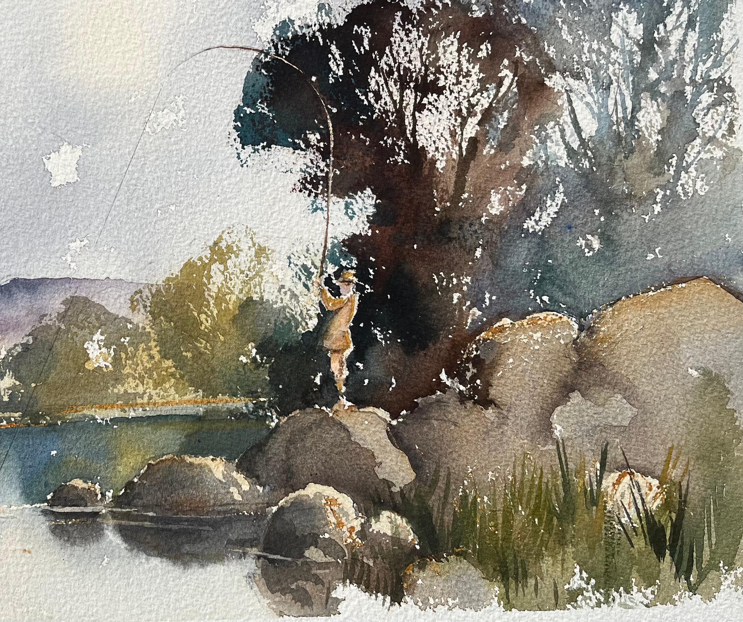 Britisches impressionistisches Aquarell eines Fischers an einem Flussufer (Impressionismus), Painting, von Anthony Avery