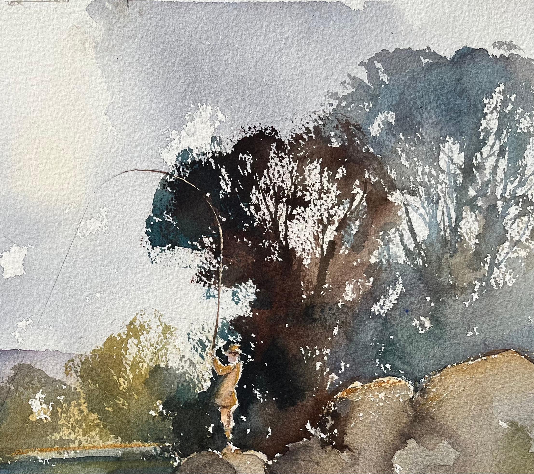 Britisches impressionistisches Aquarell eines Fischers an einem Flussufer (Grau), Landscape Painting, von Anthony Avery