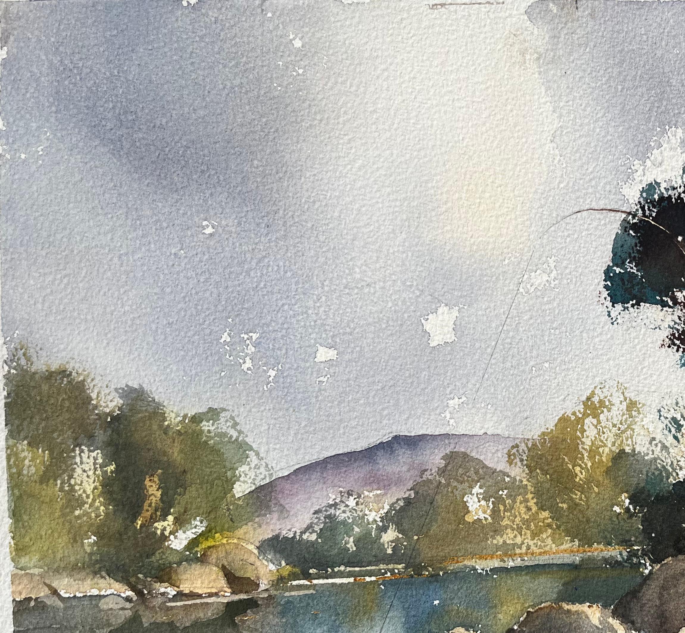 Britisches impressionistisches Aquarell eines Fischers an einem Flussufer im Angebot 1