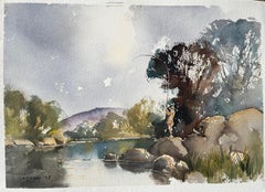 British Impressionist Watercolor of a Fisherman by a Riverside