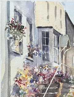 British Impressionist Watercolor of a Floral Staircase and Cottages
