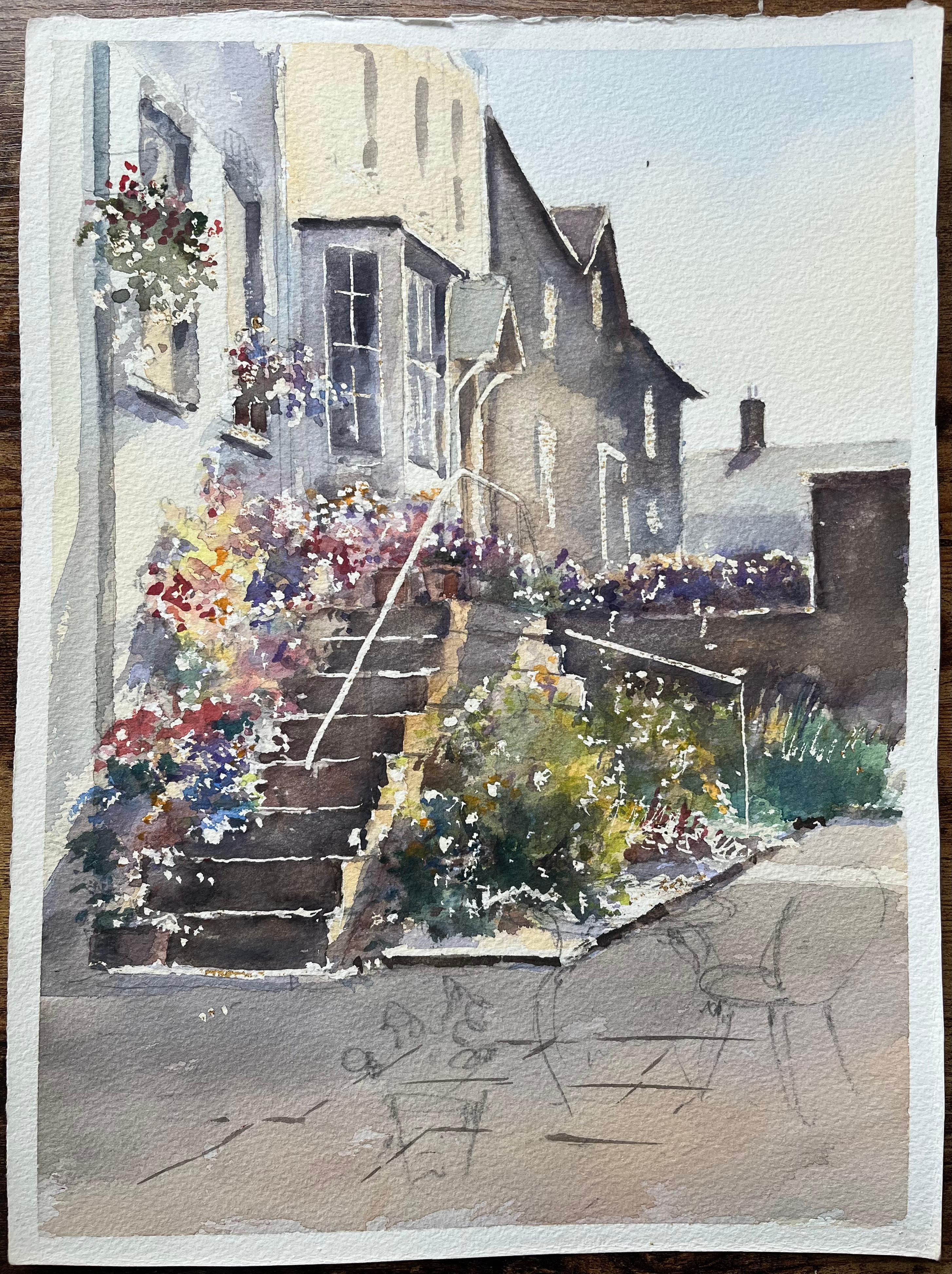 Britischer Impressionist Aquarell einer Blumentreppe und Häuschen (Impressionismus), Painting, von Anthony Avery