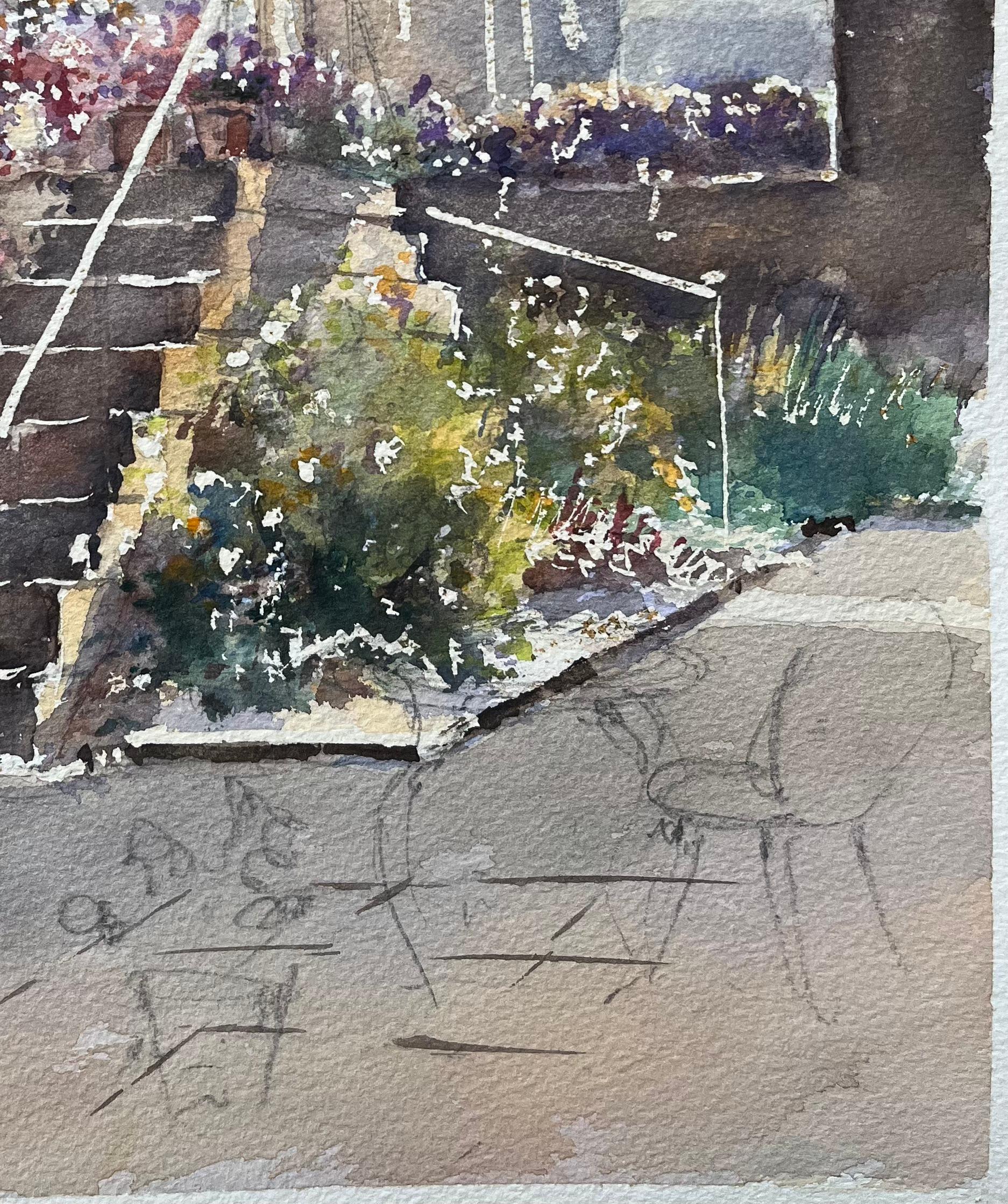 Britischer Impressionist Aquarell einer Blumentreppe und Häuschen im Angebot 1