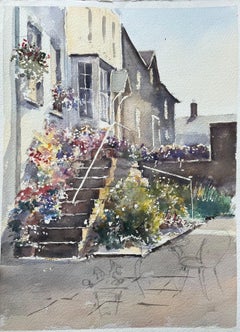Britischer Impressionist Aquarell einer Blumentreppe und Häuschen