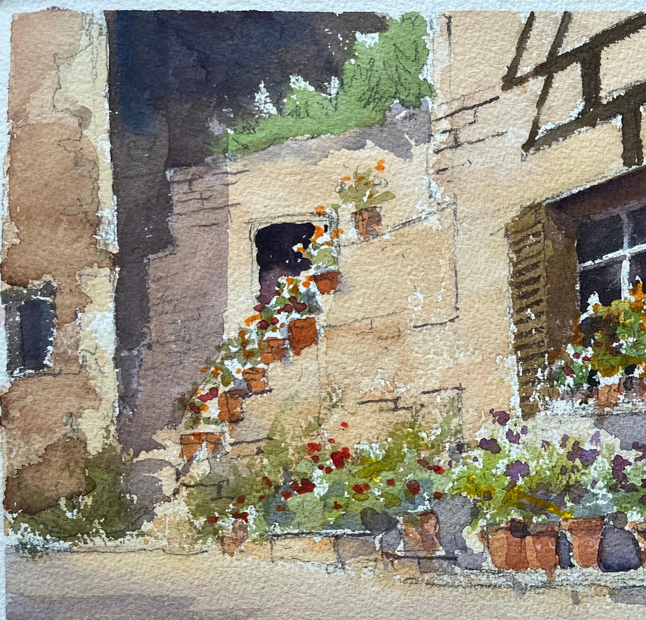 Titel: Britisches impressionistisches Aquarell eines blumengesäumten Innenhofs mit rustikalem Charme
Von Anthony Avery (Brite 1946-2023)
Original-Aquarell auf Künstlerpapier, ungerahmt
Unterschrieben: Ja
Abmessungen: 11,25 x 15 Zoll (Höhe x