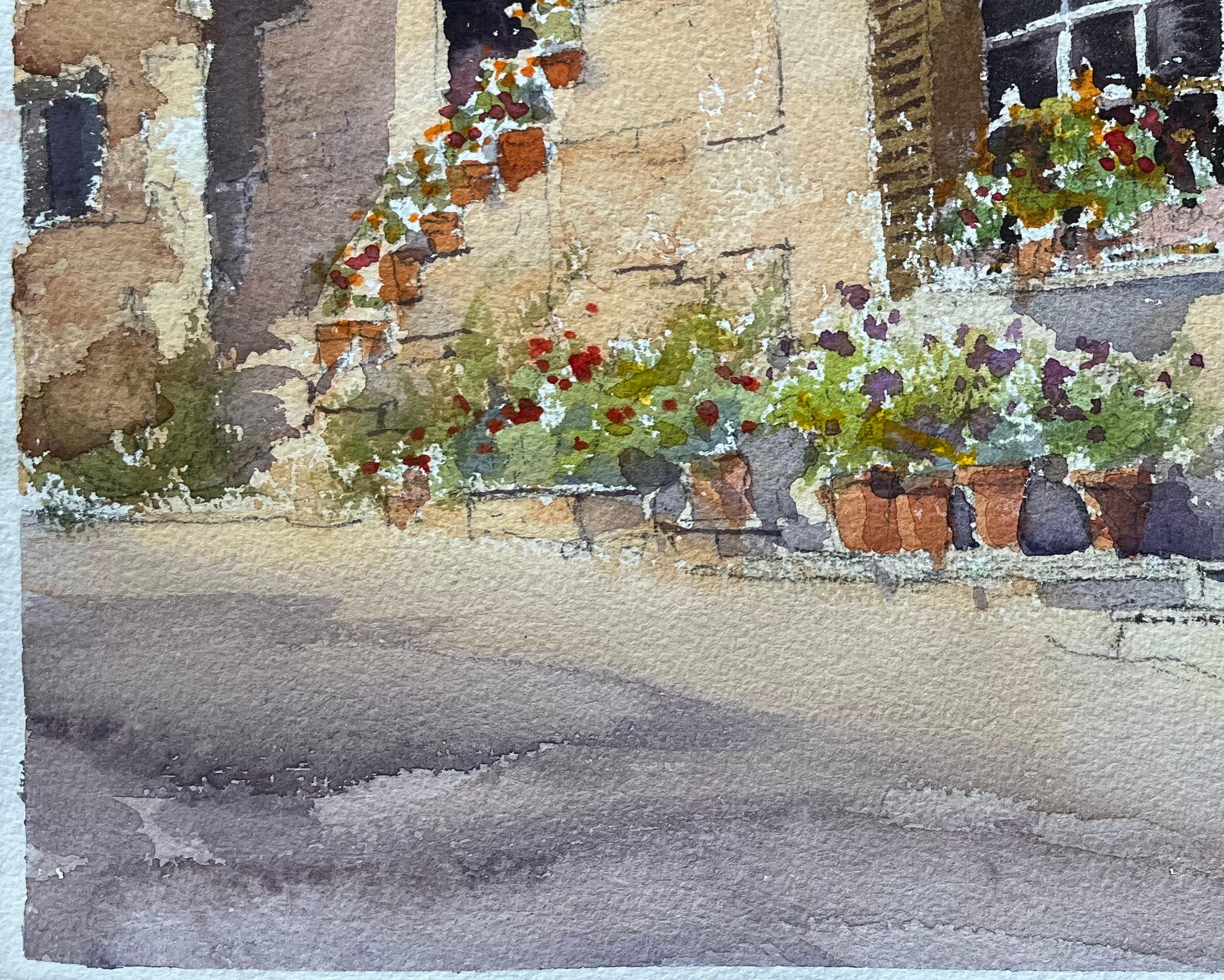 Britischer Impressionist Aquarell eines Blumen gesäumten Hofes mit rustikalem Charme im Angebot 1