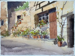 Britischer Impressionist Aquarell eines Blumen gesäumten Hofes mit rustikalem Charme