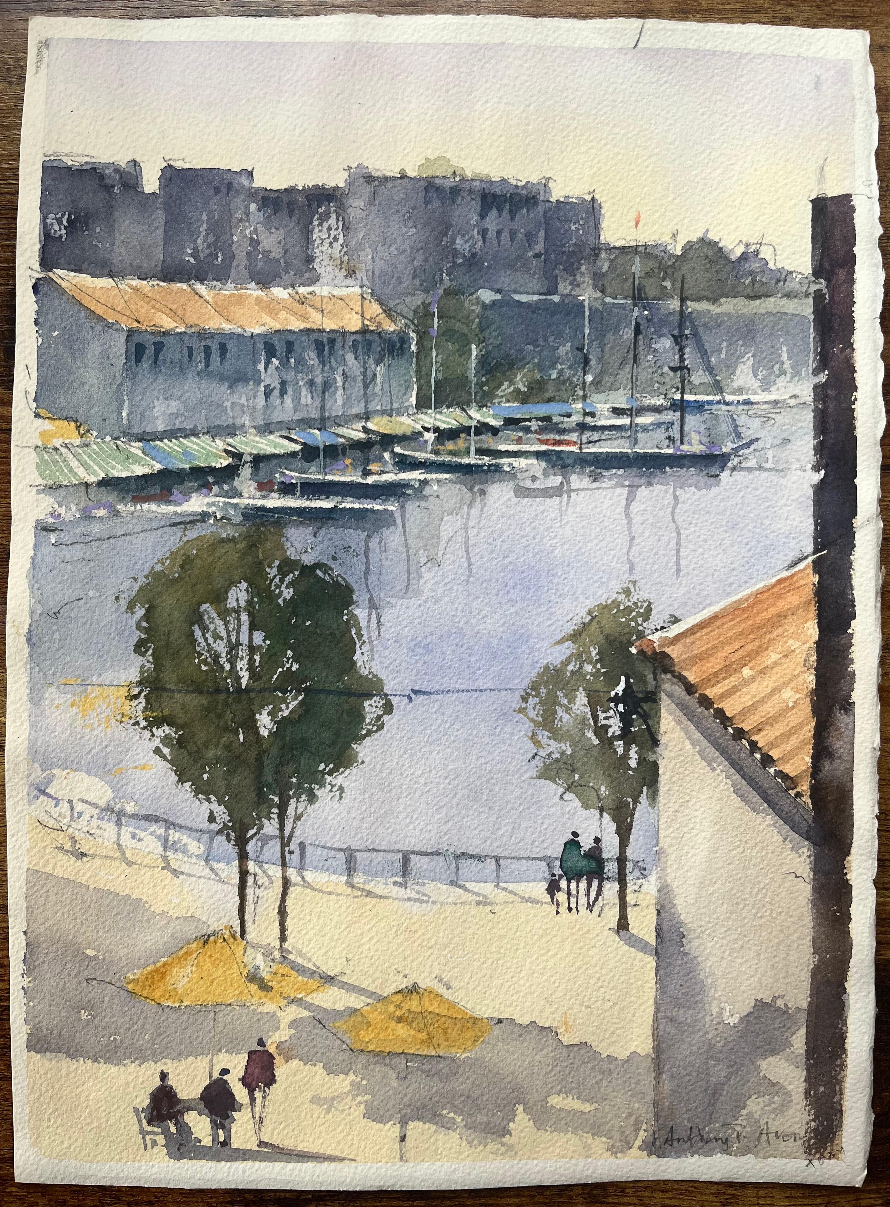 British Impressionist Watercolor of a Harbour Scene with Boats and Figures - Painting by Anthony Avery