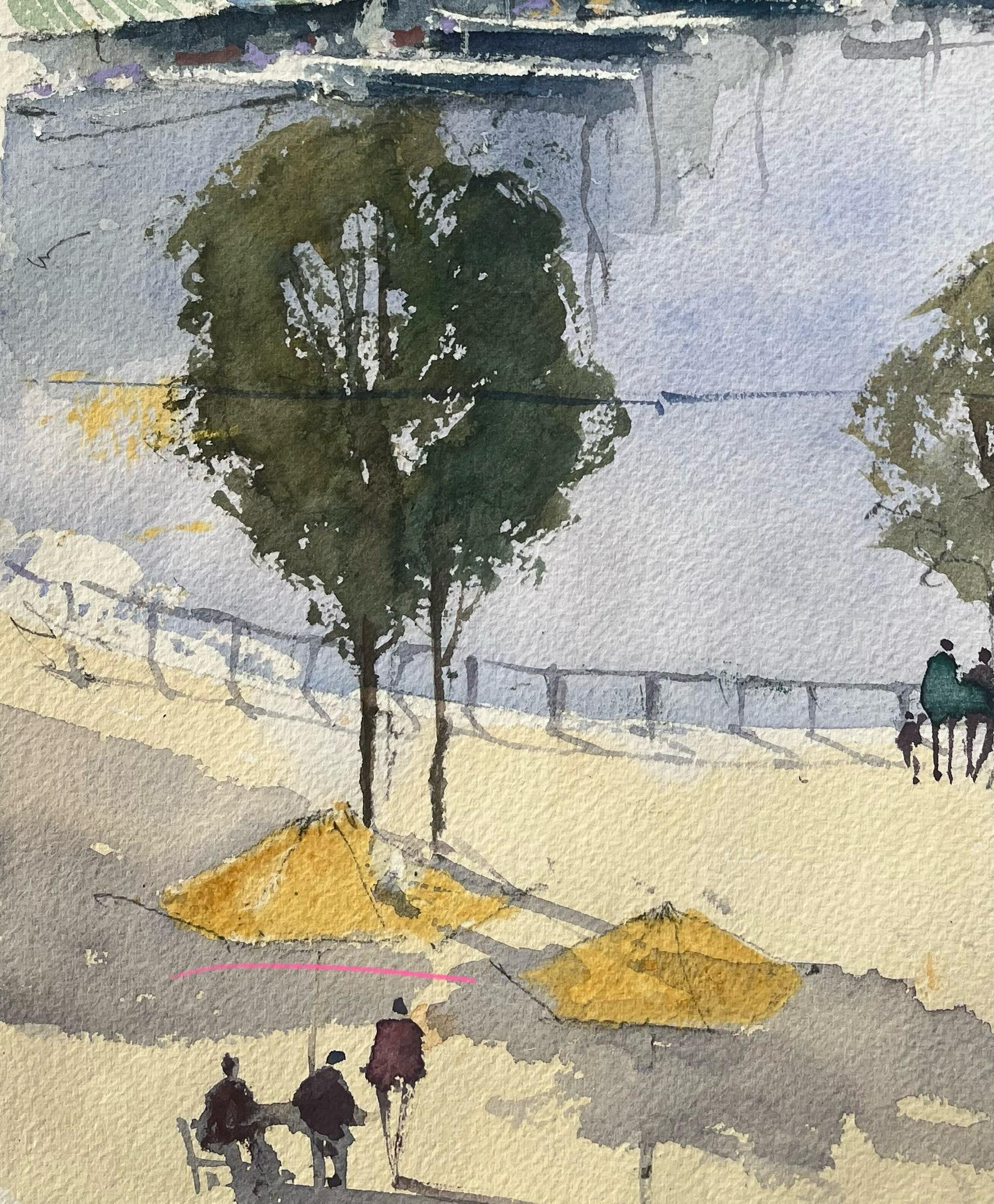 British Impressionist Watercolor of a Harbour Scene with Boats and Figures - Gray Landscape Painting by Anthony Avery