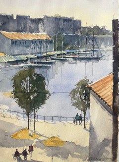 Britisches impressionistisches Aquarell einer Hafenszene mit Booten und Figuren, British Impressionismus