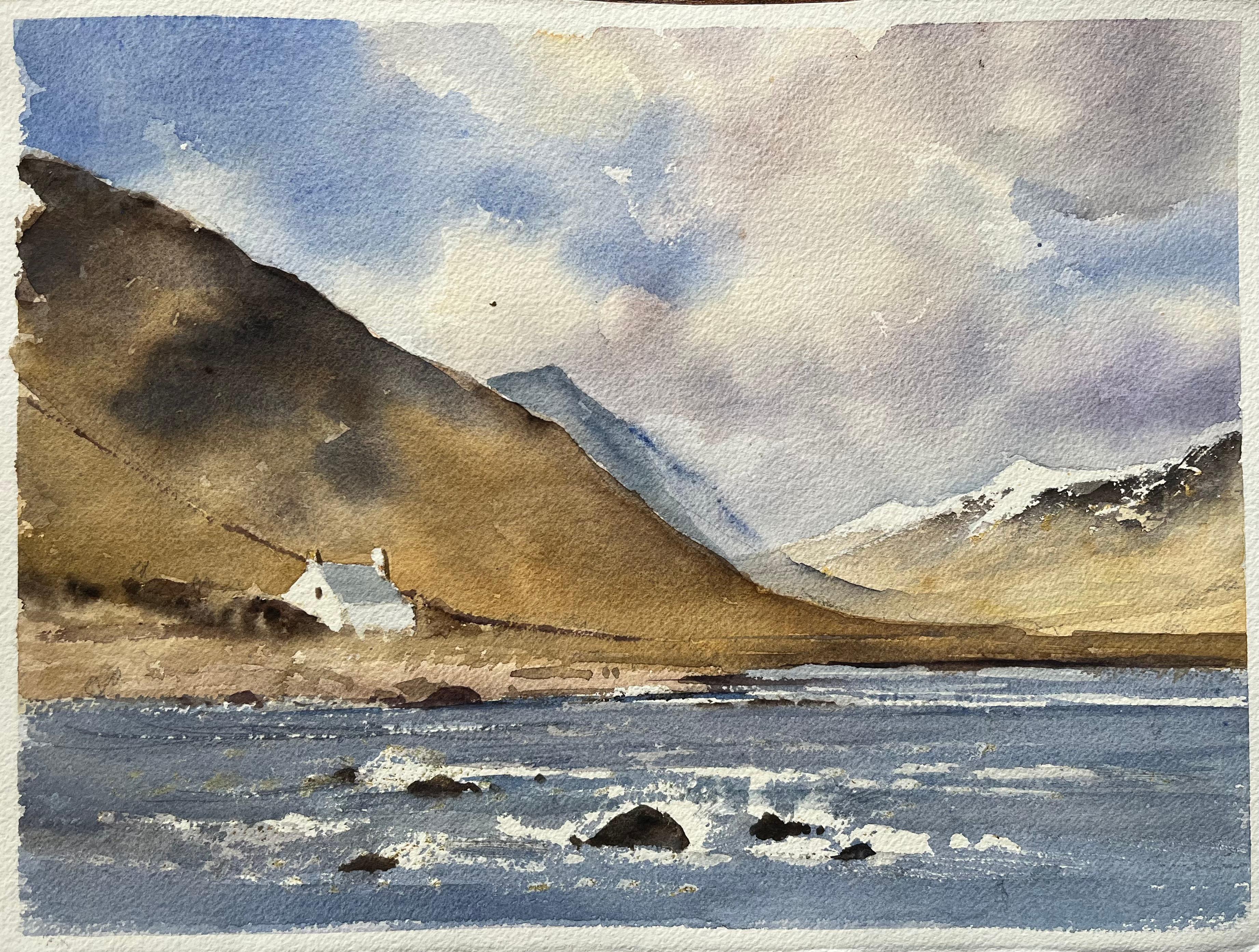Aquarelle impressionniste britannique d'un cottage des Highlands et d'un paysage de montagne