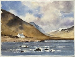 Britisches impressionistisches Aquarell eines Hochlandhauses und einer Berglandschaft im Stil des Impressionismus