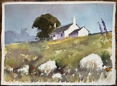 Aquarelle impressionniste britannique d'une maison sur un monticule et d'un extérieur avec une fleur sauvage