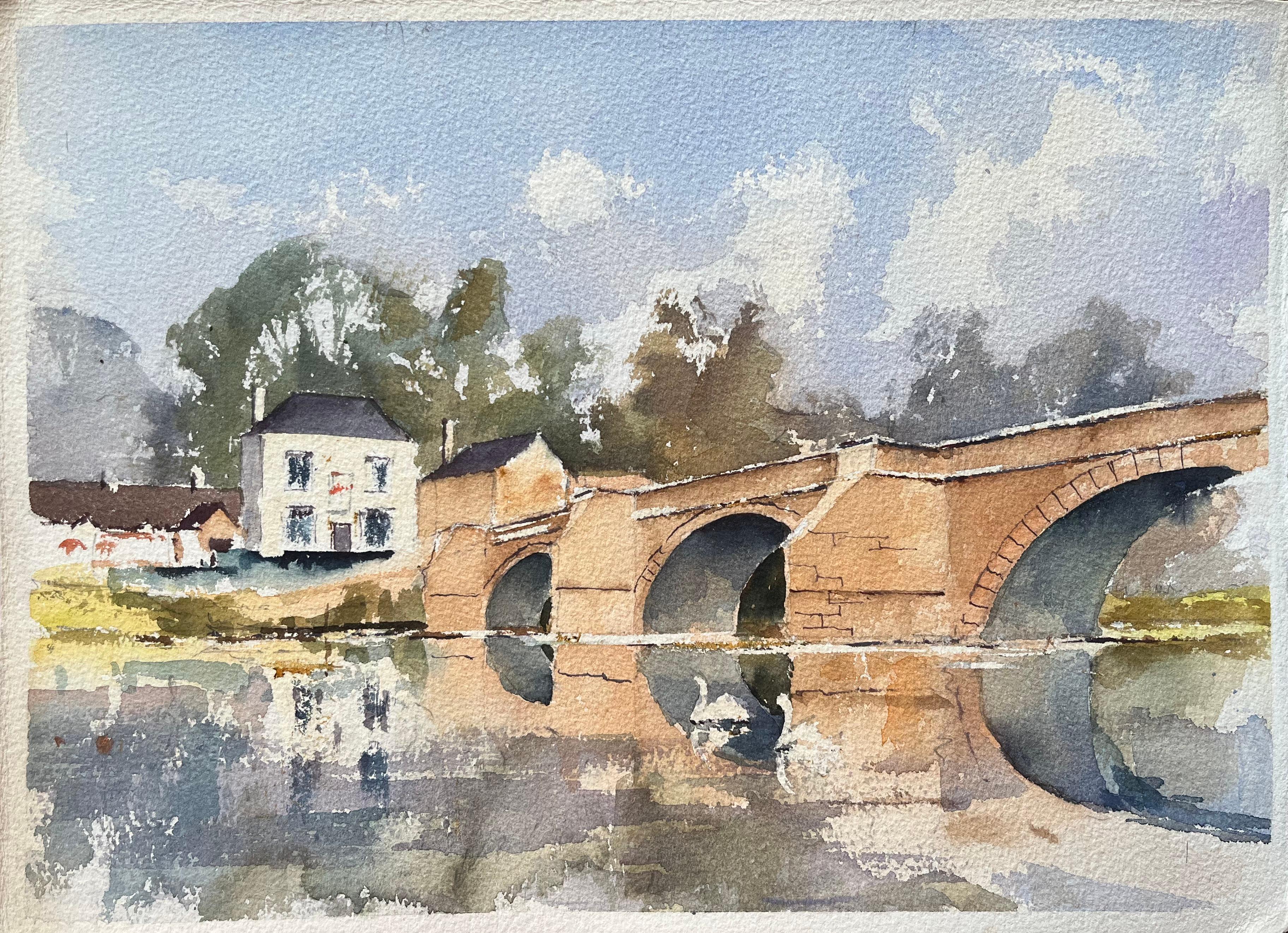 Landscape Painting di Anthony Avery - Acquerello impressionista britannico di un ponte storico in pietra e cottage
